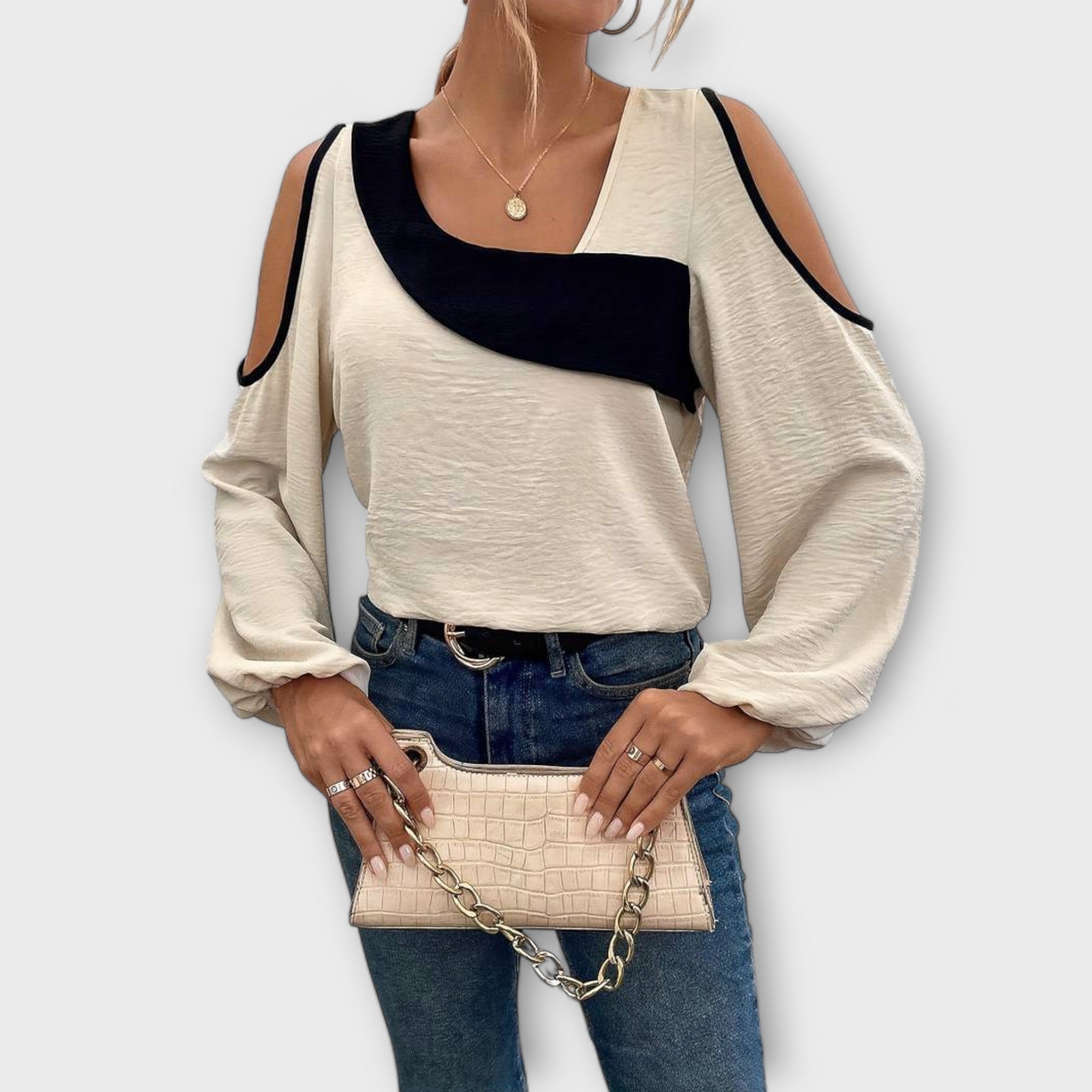 Women’s Blouse, Colour-Block Pattern, Long Sleeve, Rectangular Neckline, Versatile Fit