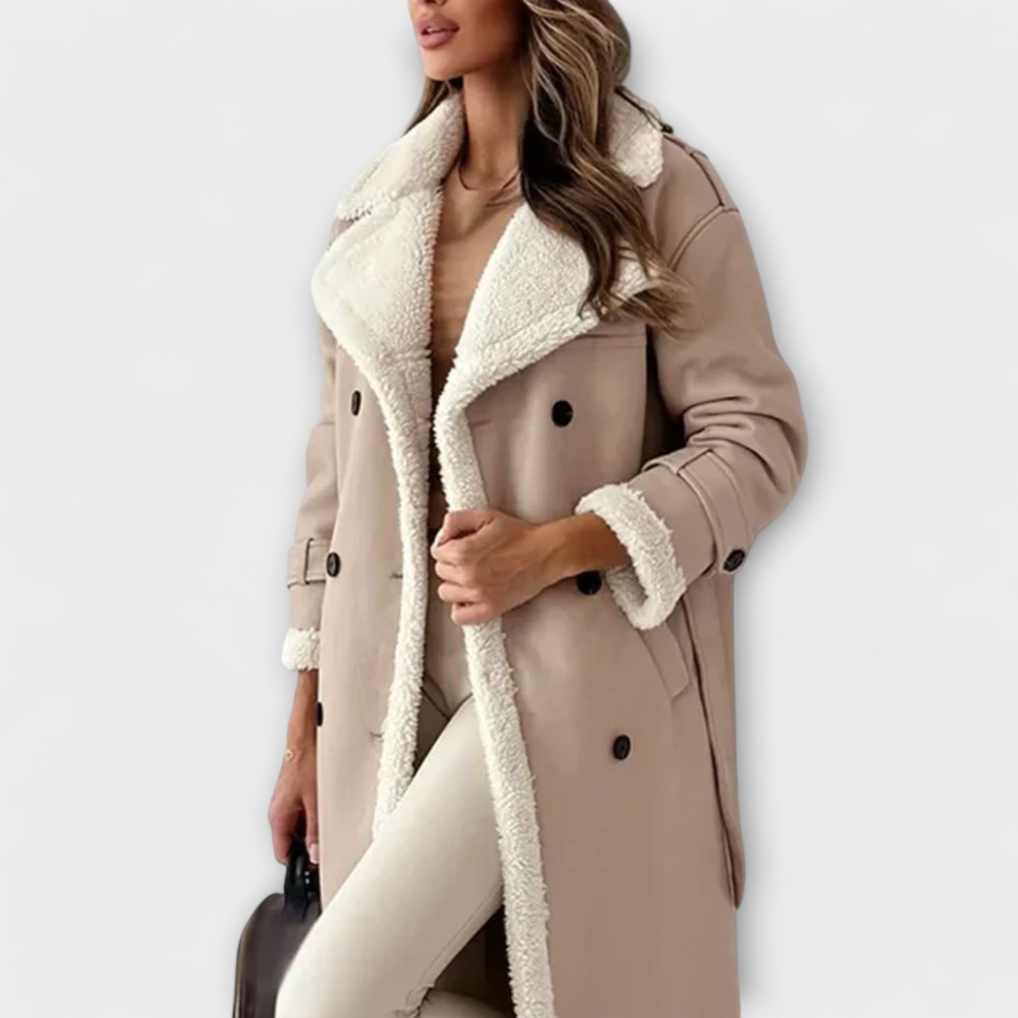 Women’s Faux Fur Coat, Long Sleeve, Adjustable Fit with Belt and Button Closure, Faux Fur and Leather, Fleece Lined