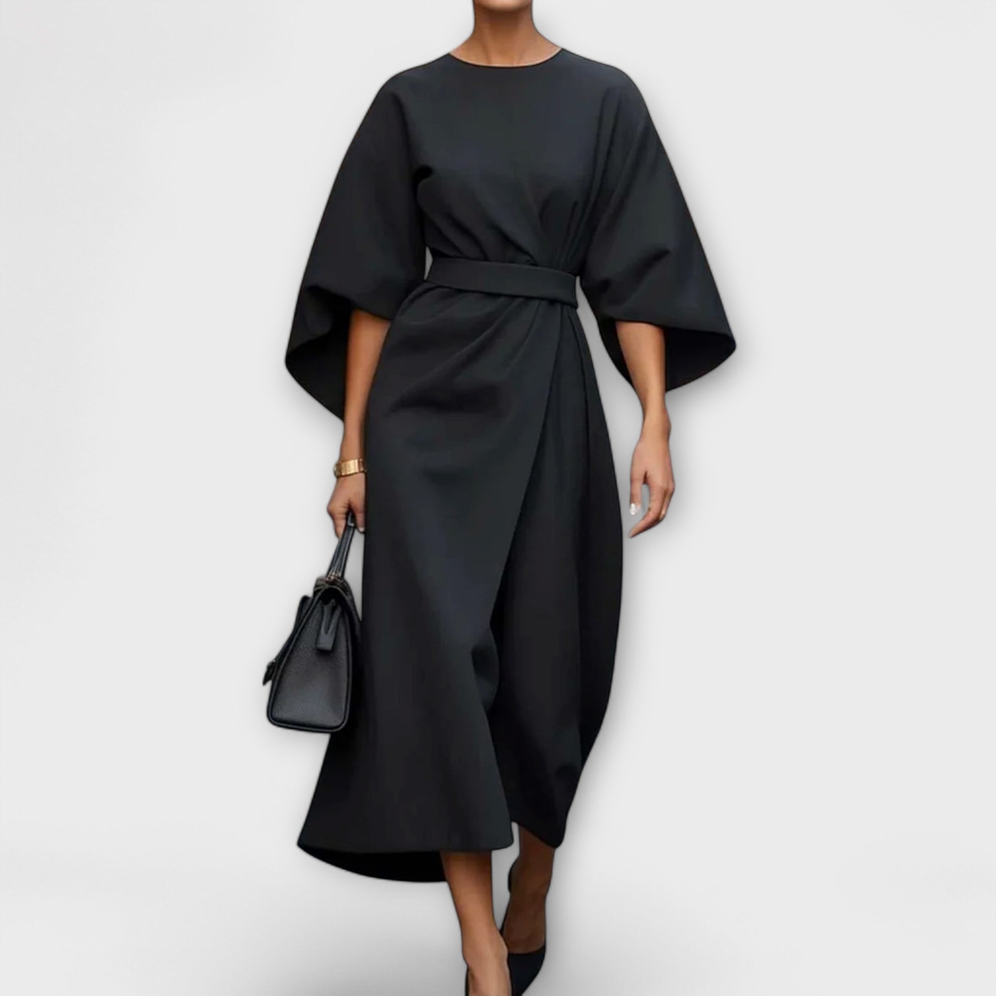 Women’s Dress, Elegant Silhouette, Lantern Sleeves, Belted Waist
