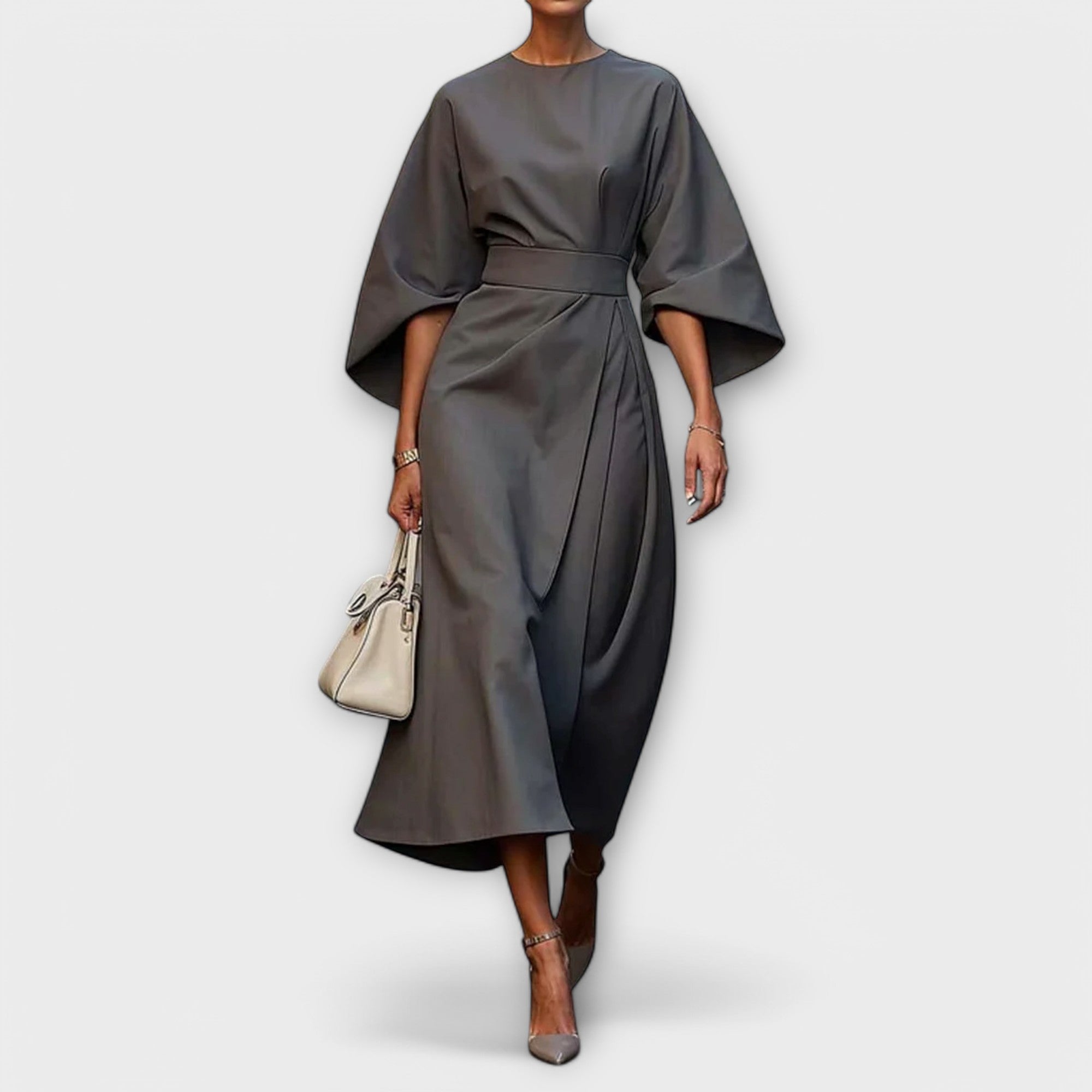 Women’s Dress, Elegant Silhouette, Lantern Sleeves, Belted Waist