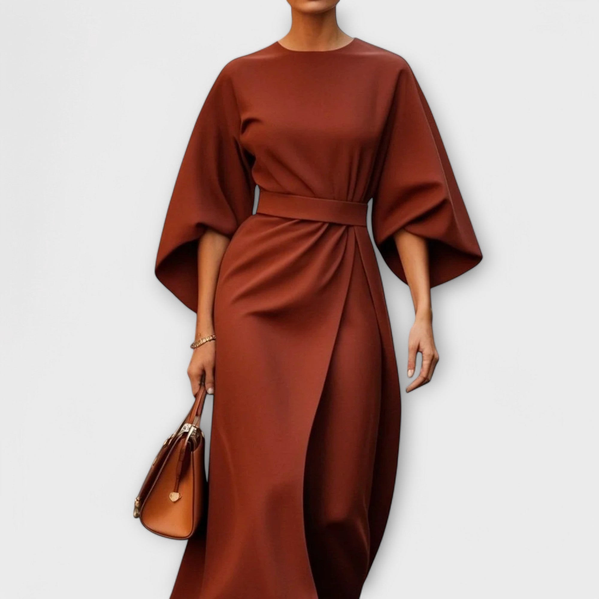 Women’s Dress, Elegant Silhouette, Lantern Sleeves, Belted Waist