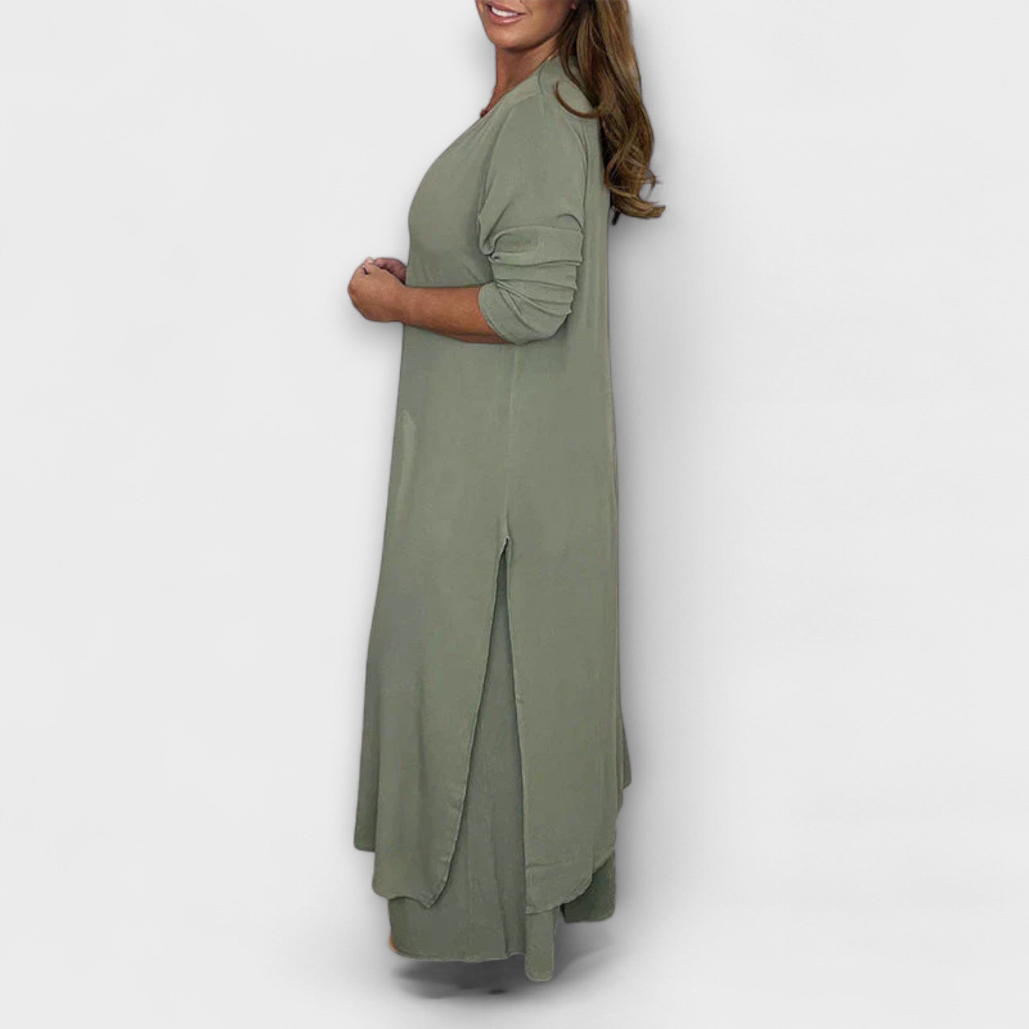 Women’s 2-Piece Set, Long Tunic with Slit & Matching Trousers, Sleeveless, V-Neck, Relaxed Fit, Soft Breathable Fabric