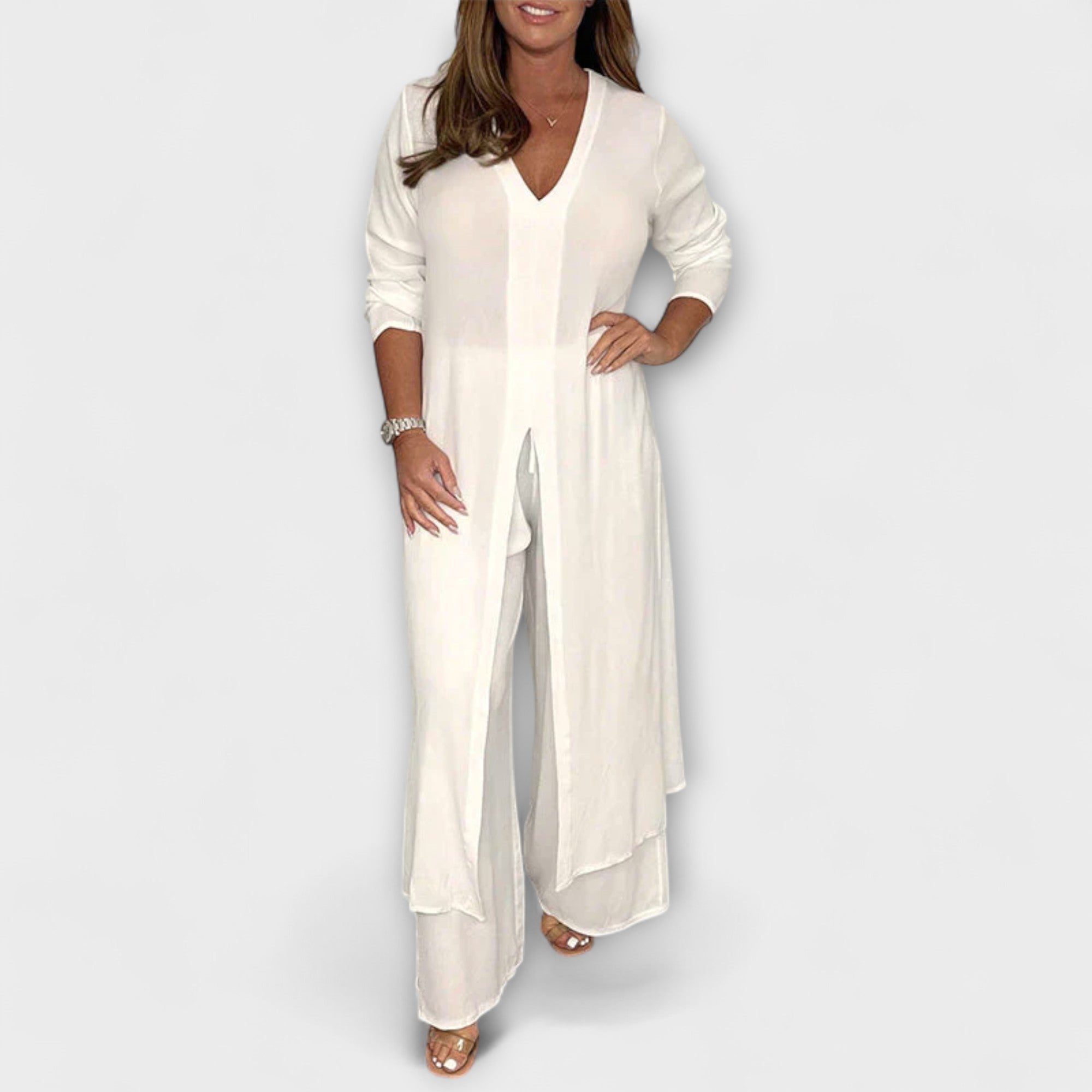 Women’s 2-Piece Set, Long Tunic with Slit & Matching Trousers, Sleeveless, V-Neck, Relaxed Fit, Soft Breathable Fabric