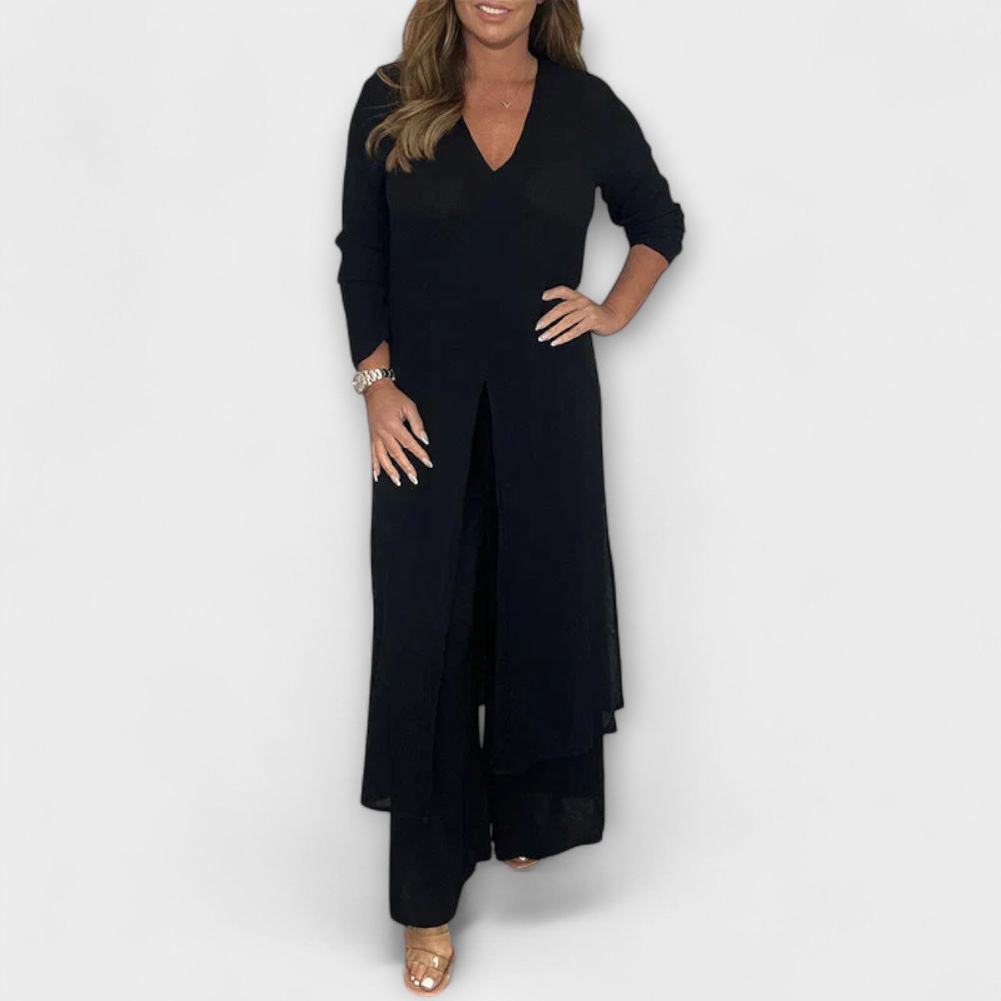 Women’s 2-Piece Set, Long Tunic with Slit & Matching Trousers, Sleeveless, V-Neck, Relaxed Fit, Soft Breathable Fabric