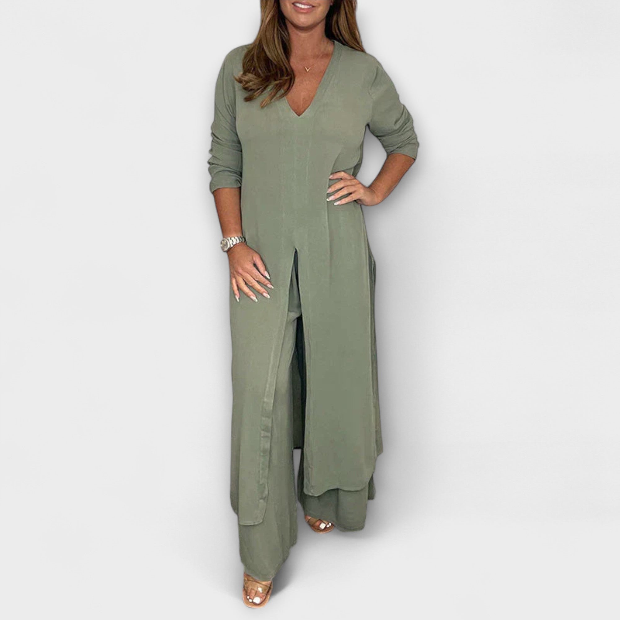 Women’s 2-Piece Set, Long Tunic with Slit & Matching Trousers, Sleeveless, V-Neck, Relaxed Fit, Soft Breathable Fabric