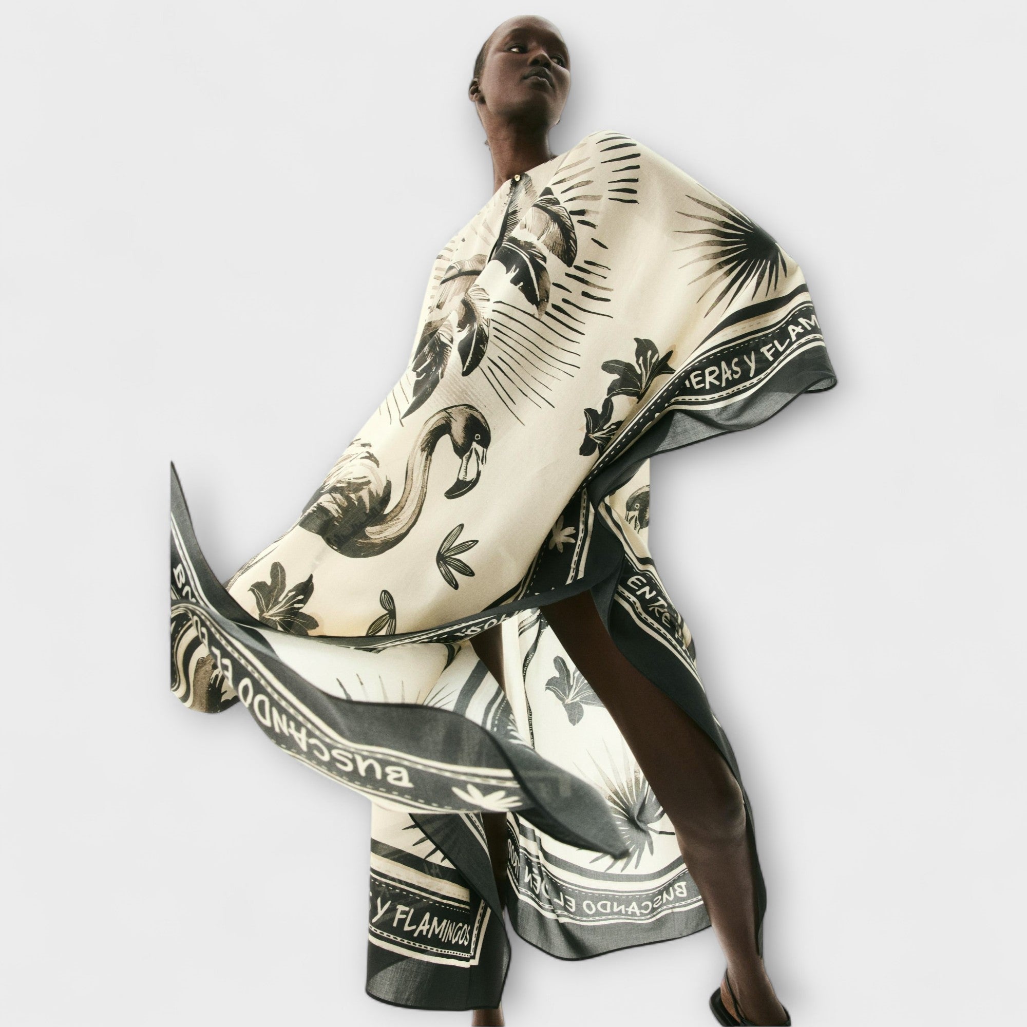 Women’s Ankle-Length Oversized Dress, Beige Black Flamingo Palm Print, V-Neck, Three-Quarter Sleeve, Lyocell Recycled Polyester Blend