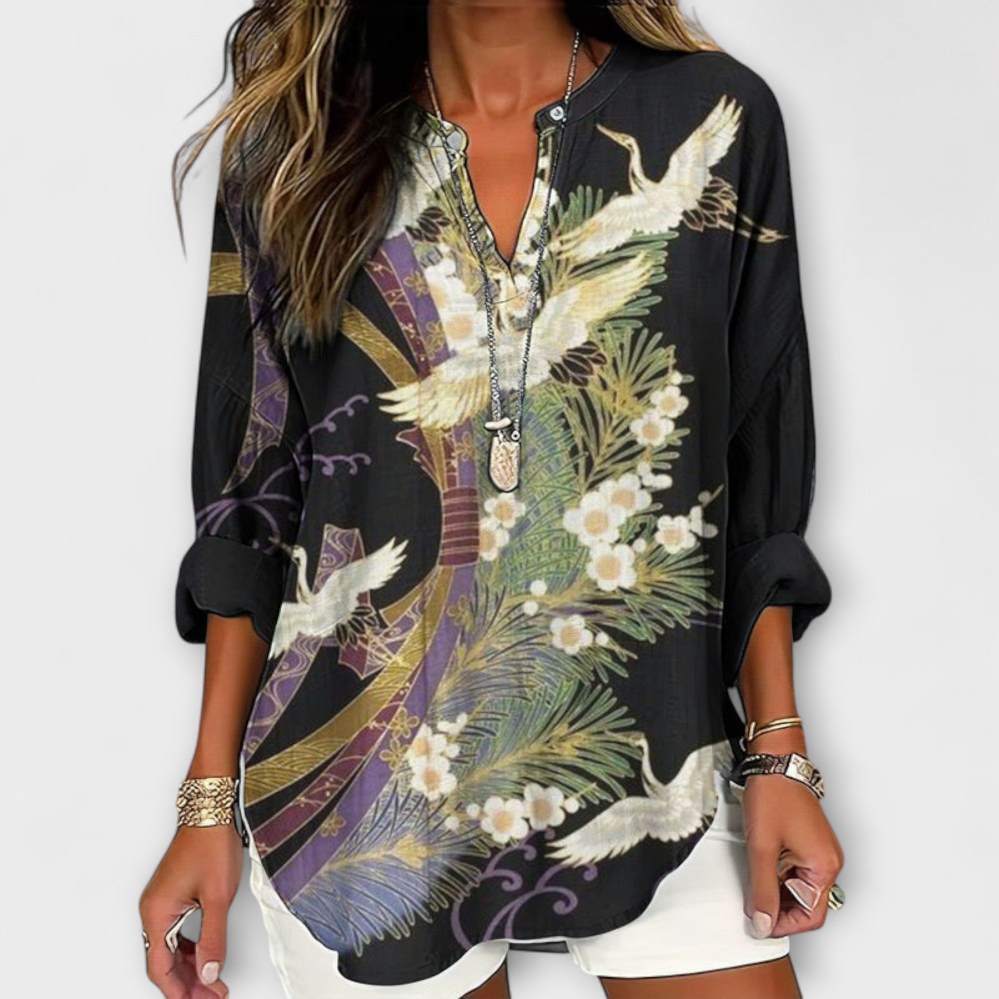 Women’s Blouse, Crane Floral Print, Long Sleeve, Split Neckline with Buttons, Soft Flowing Fabric, Fluid Soft Fit