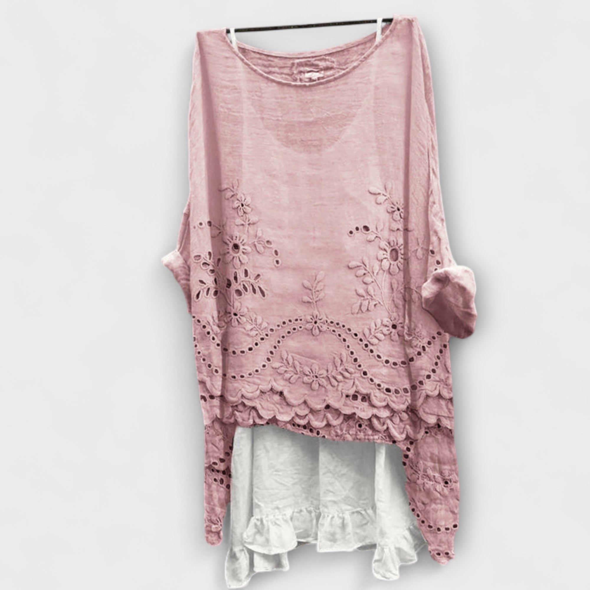 Women’s Blouse, Lightweight, Breathable Fit, Rolled Sleeves, Floral Embroidery, Double-Layer Hem