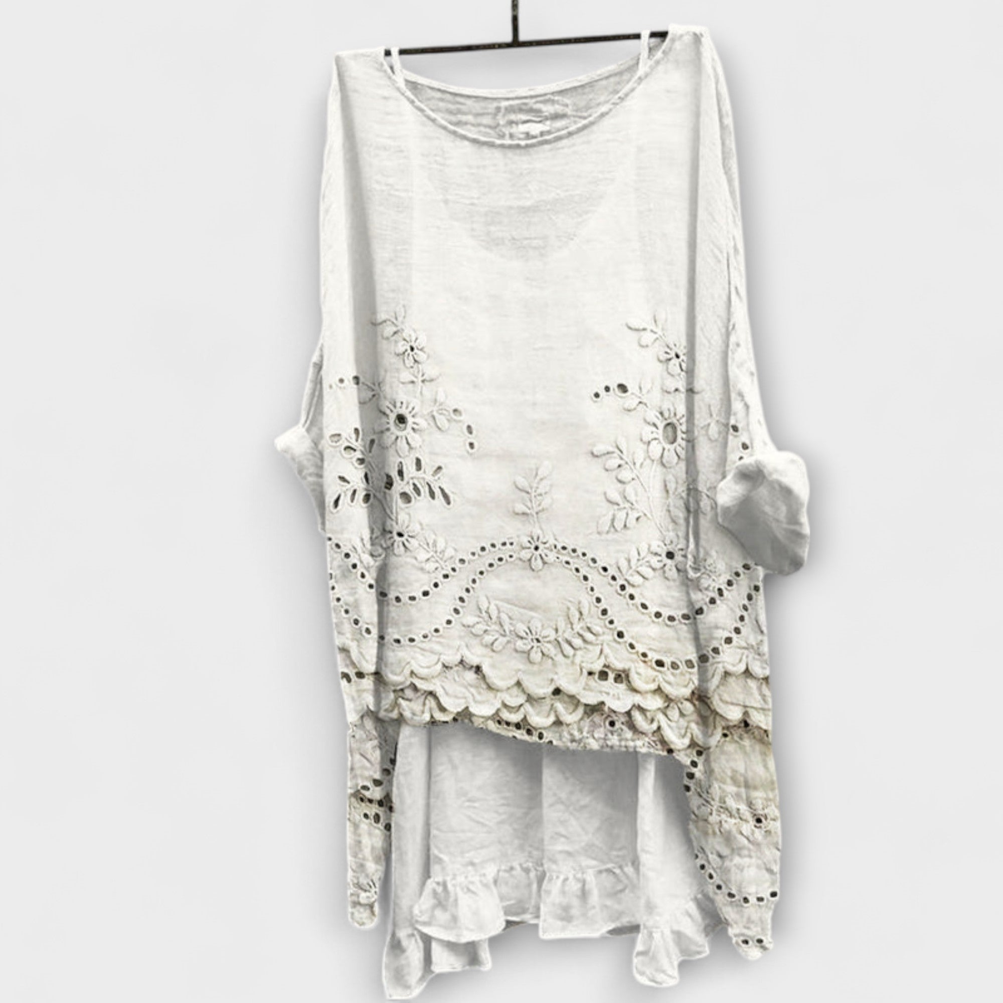 Women’s Blouse, Lightweight, Breathable Fit, Rolled Sleeves, Floral Embroidery, Double-Layer Hem