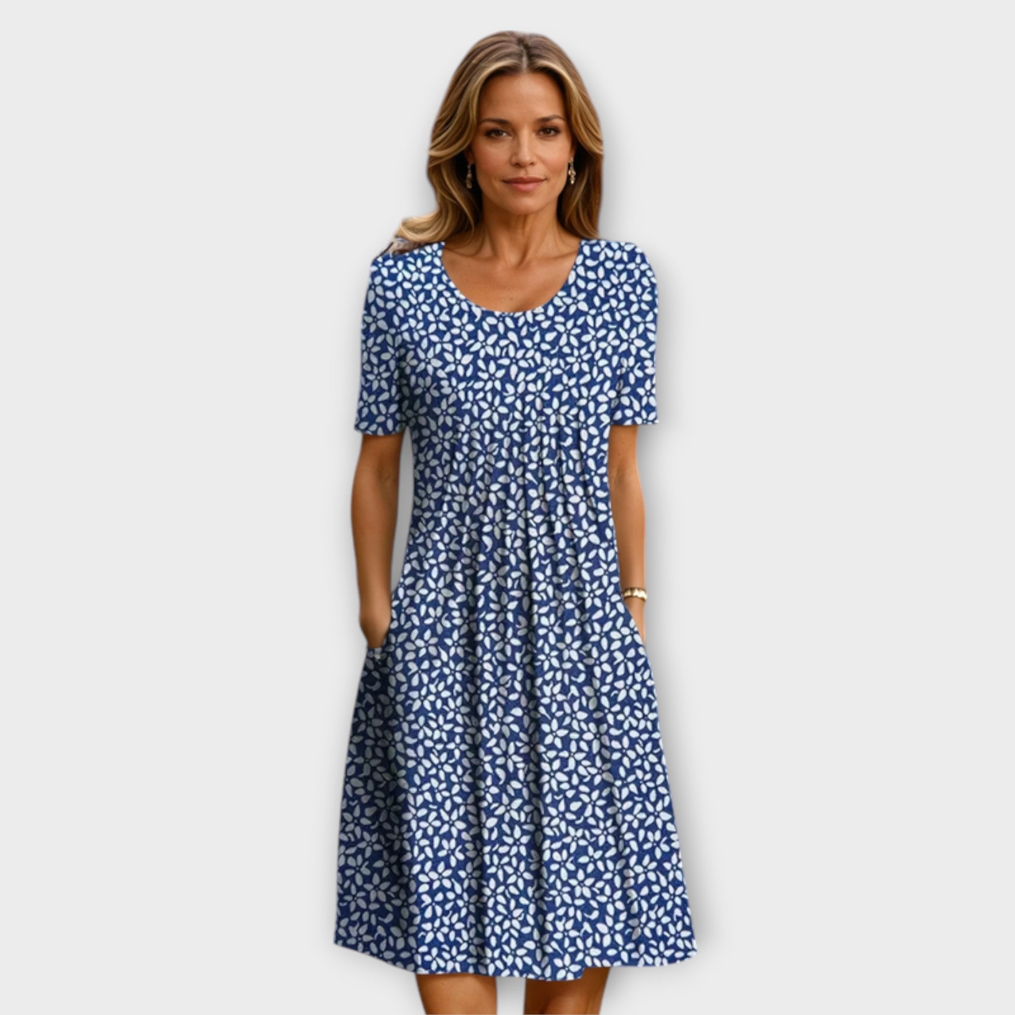 Women’s Calf-Length Dress, Sleeveless, Round Neckline, Regular Fit, Breathable Lightweight Fabric, A-Line Silhouette, Pockets