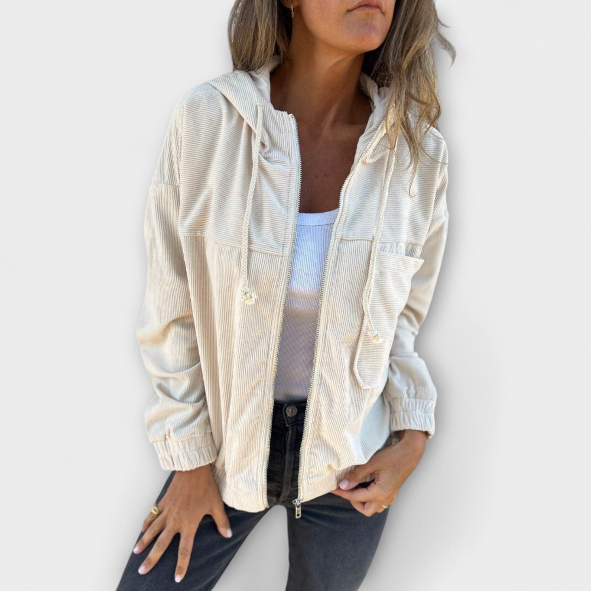 Women’s Cord Jacket, Hooded Neckline, Long Sleeve, Relaxed Fit, Soft Structured Cord Fabric, Zip Closure, Side Pockets