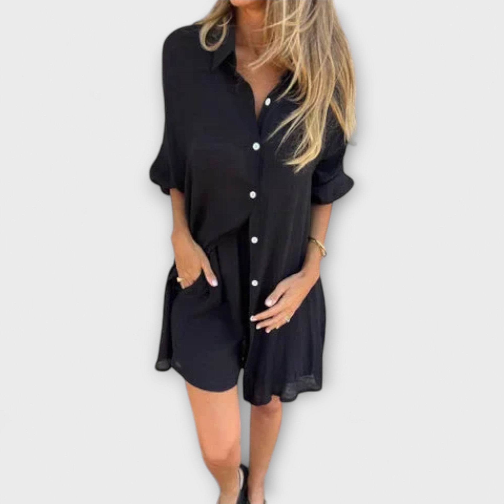 Women’s Cotton Blend Summer Set, Blouse with Flowing Texture & Elastic Waist Shorts, Relaxed Fit