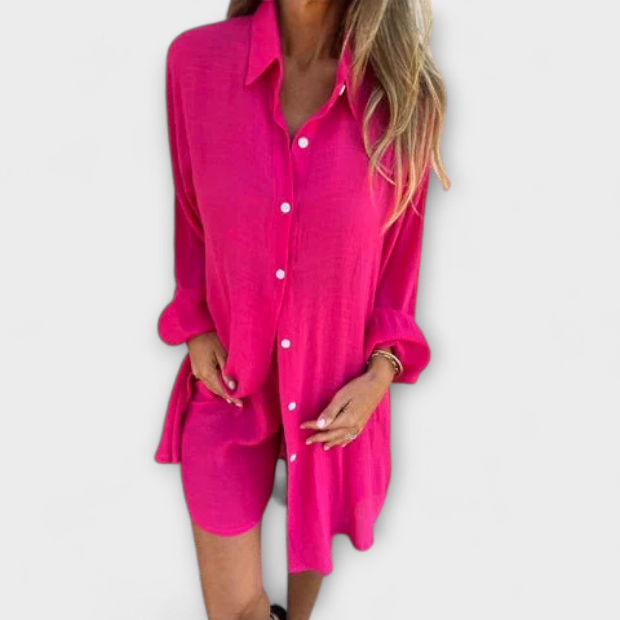 Women’s Cotton Blend Summer Set, Blouse with Flowing Texture & Elastic Waist Shorts, Relaxed Fit