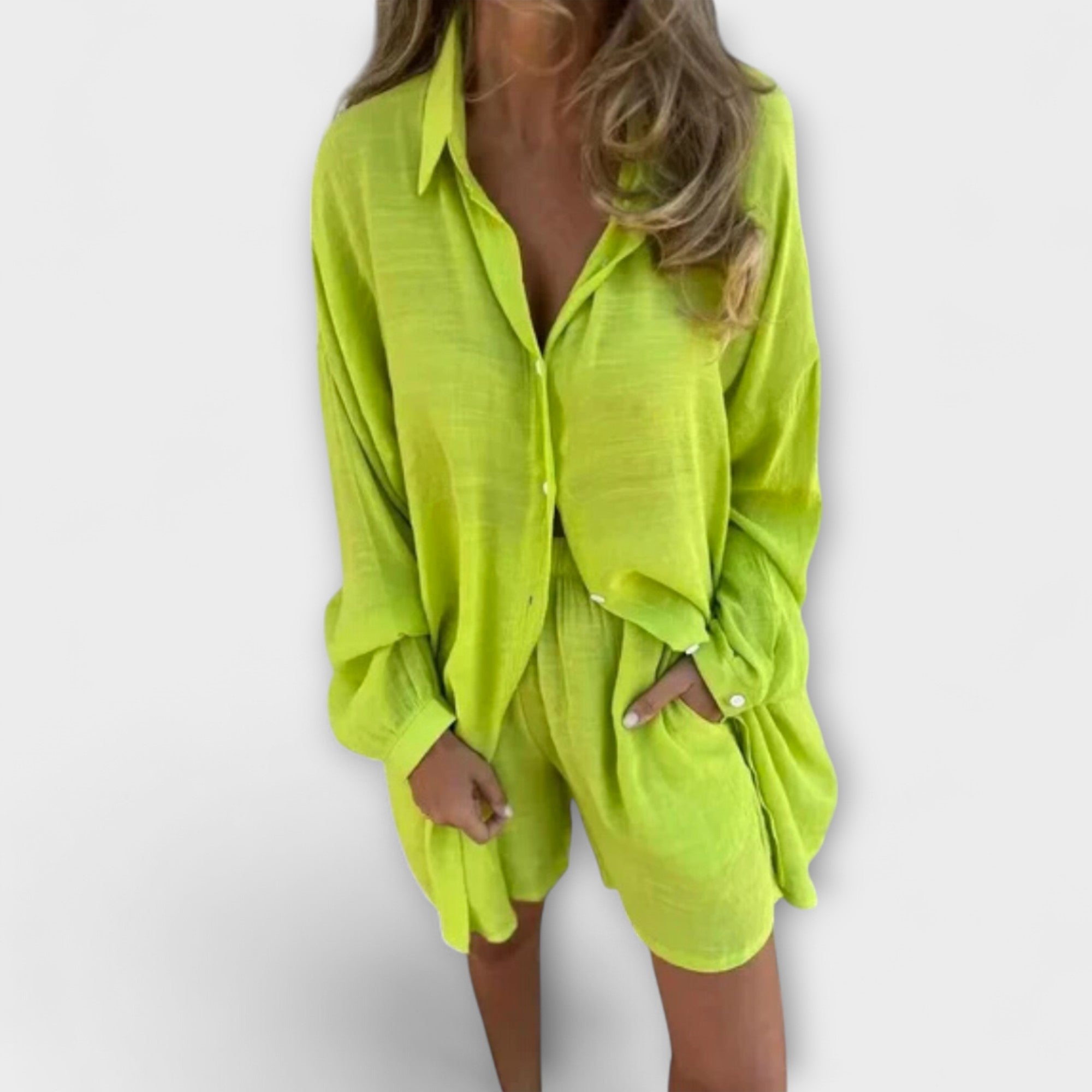 Women’s Cotton Blend Summer Set, Blouse with Flowing Texture & Elastic Waist Shorts, Relaxed Fit