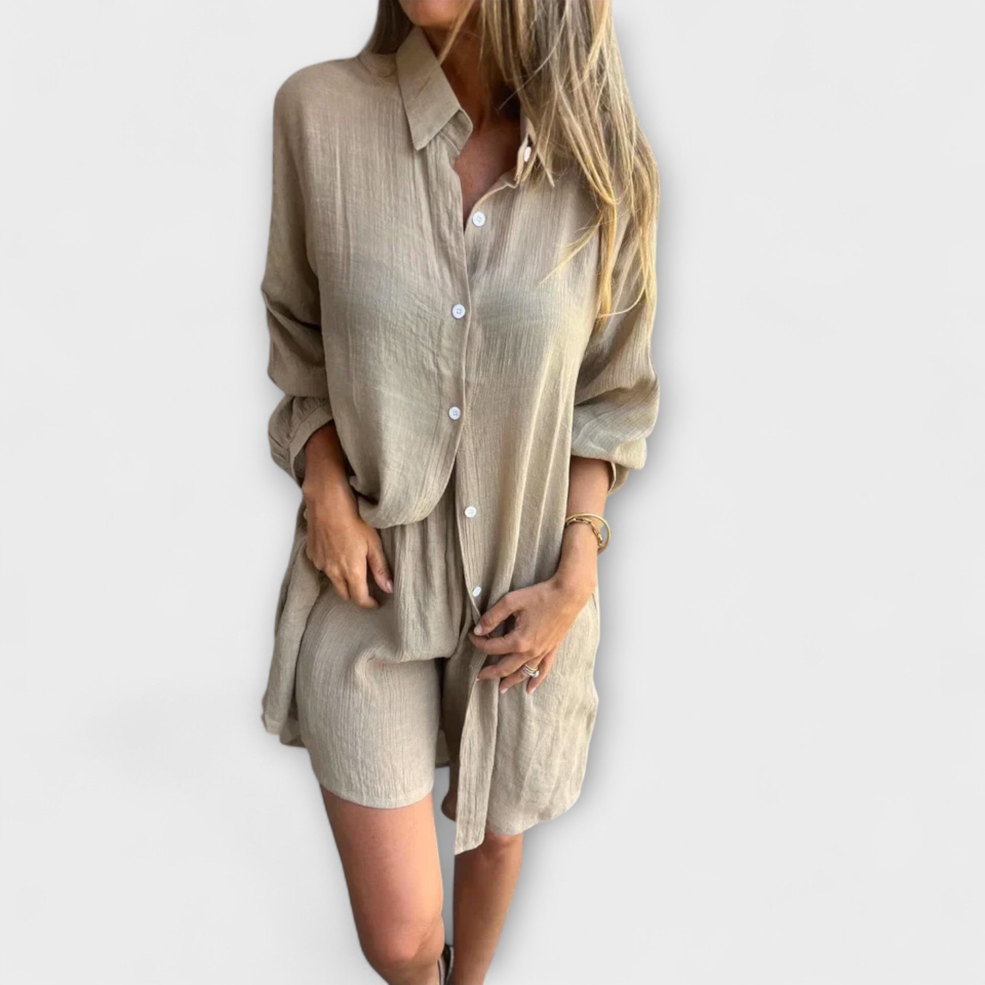 Women’s Cotton Blend Summer Set, Blouse with Flowing Texture & Elastic Waist Shorts, Relaxed Fit
