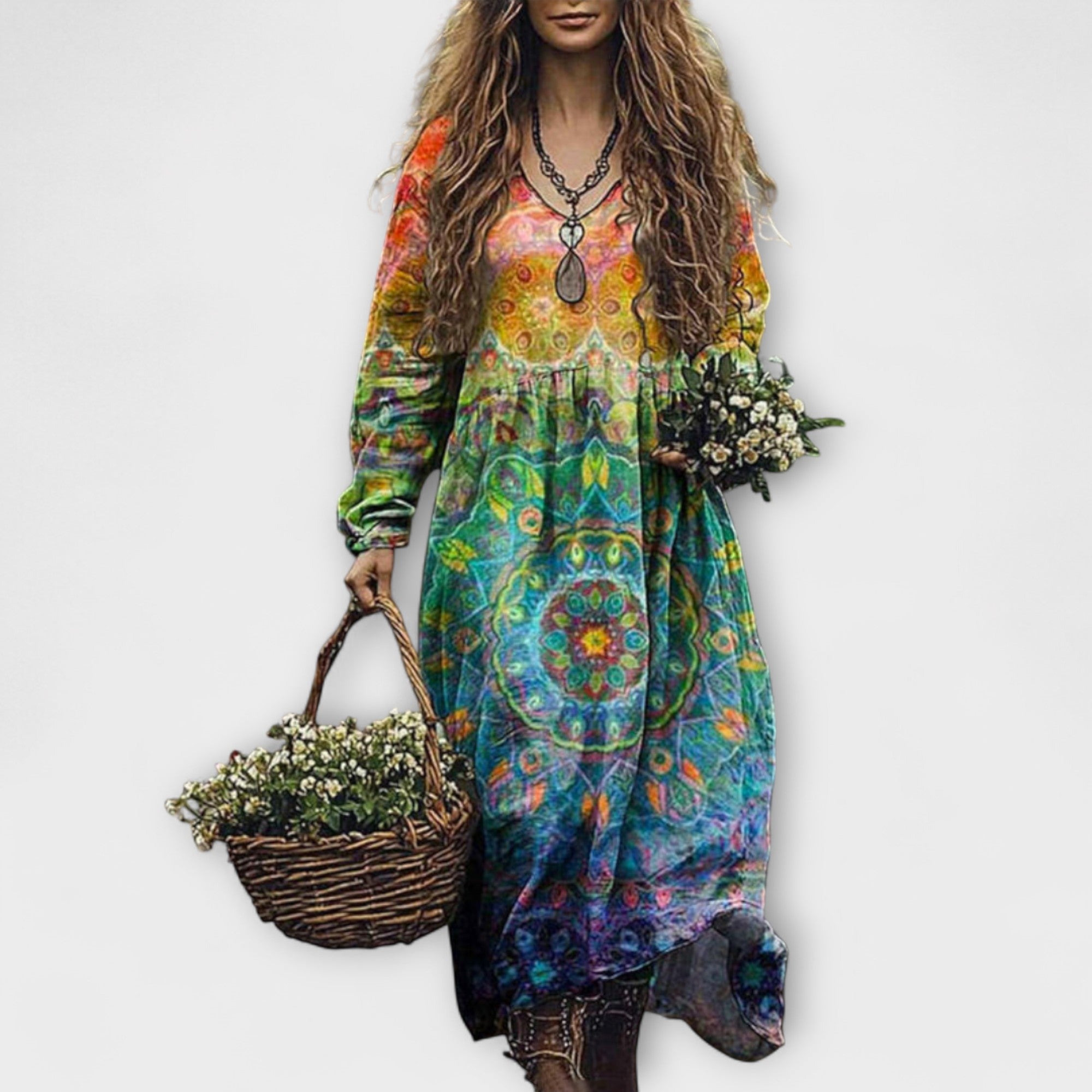 Women’s Cotton Maxi Dress, Multicolored Floral Print, Long Sleeve, Round Neck, Relaxed Fit