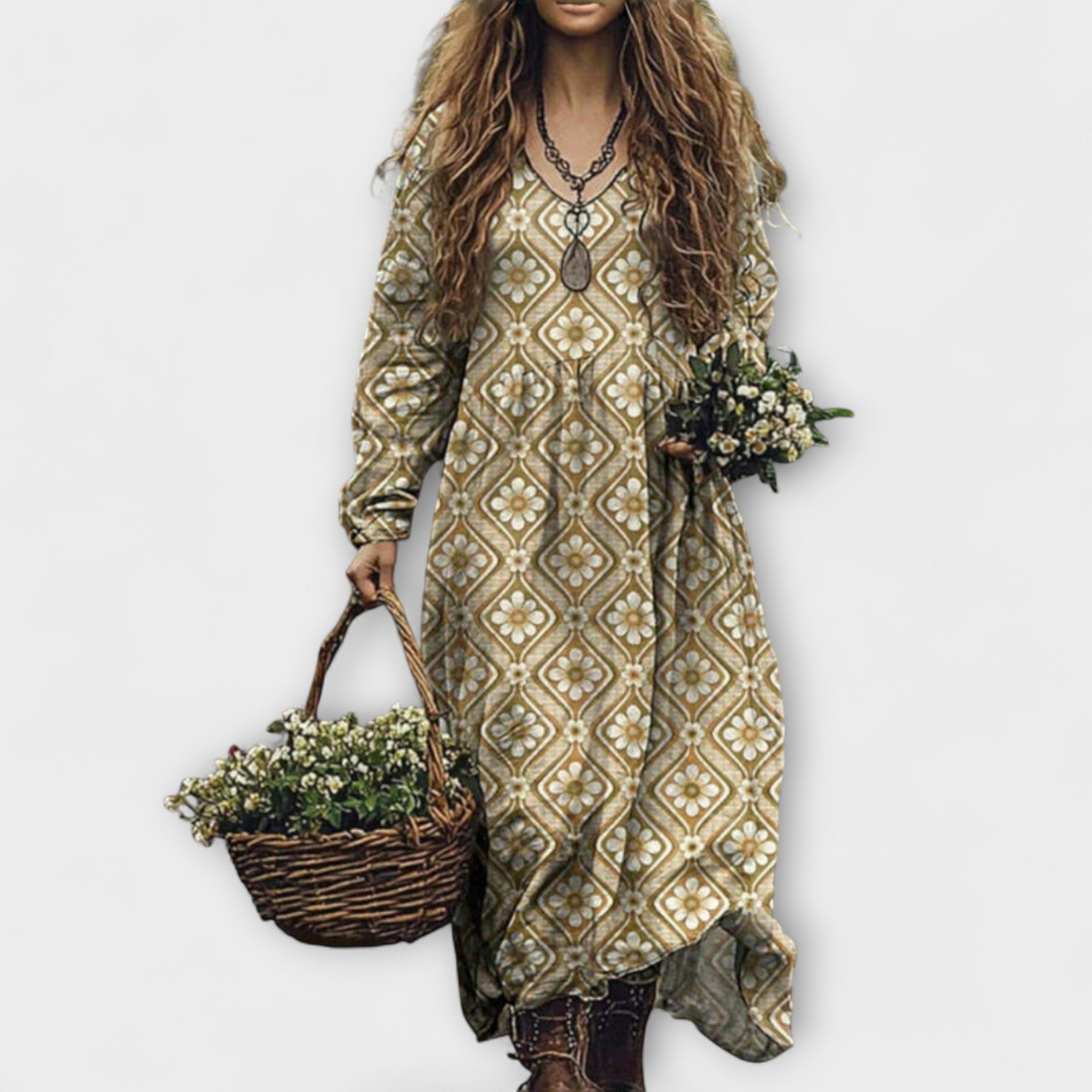 Women’s Cotton Maxi Dress, Multicolored Floral Print, Long Sleeve, Round Neck, Relaxed Fit