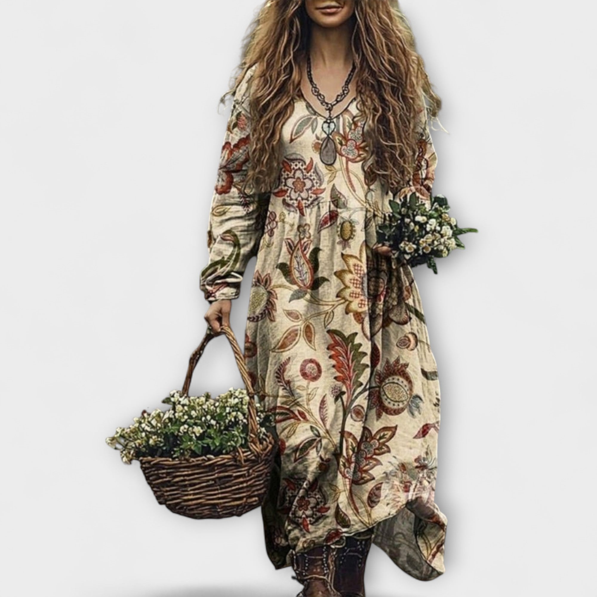 Women’s Cotton Maxi Dress, Multicolored Floral Print, Long Sleeve, Round Neck, Relaxed Fit