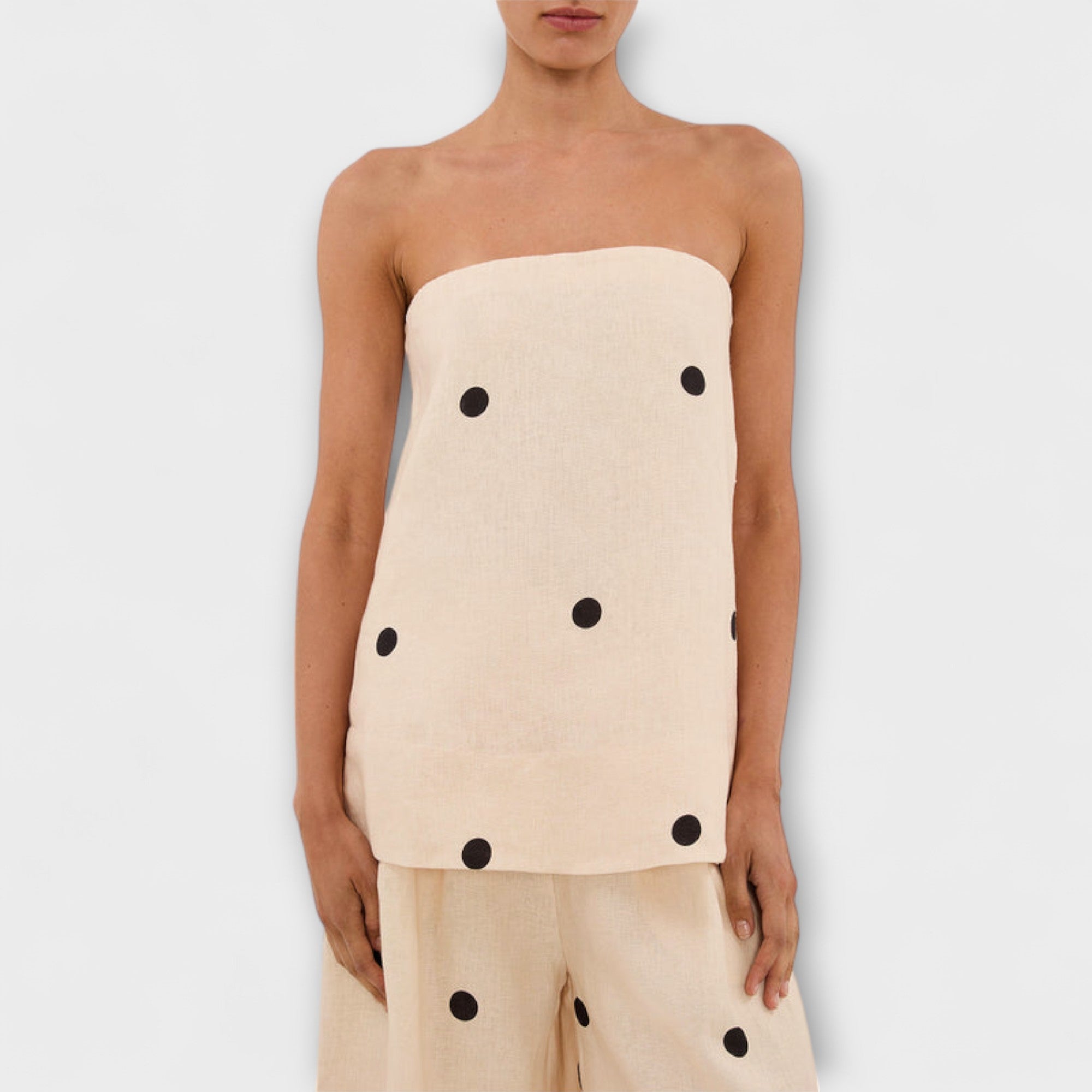 Women’s Cream Strapless Wide-Leg Jumpsuit, Polka Dot Pattern, Relaxed Fit, Elasticated Back, Pockets