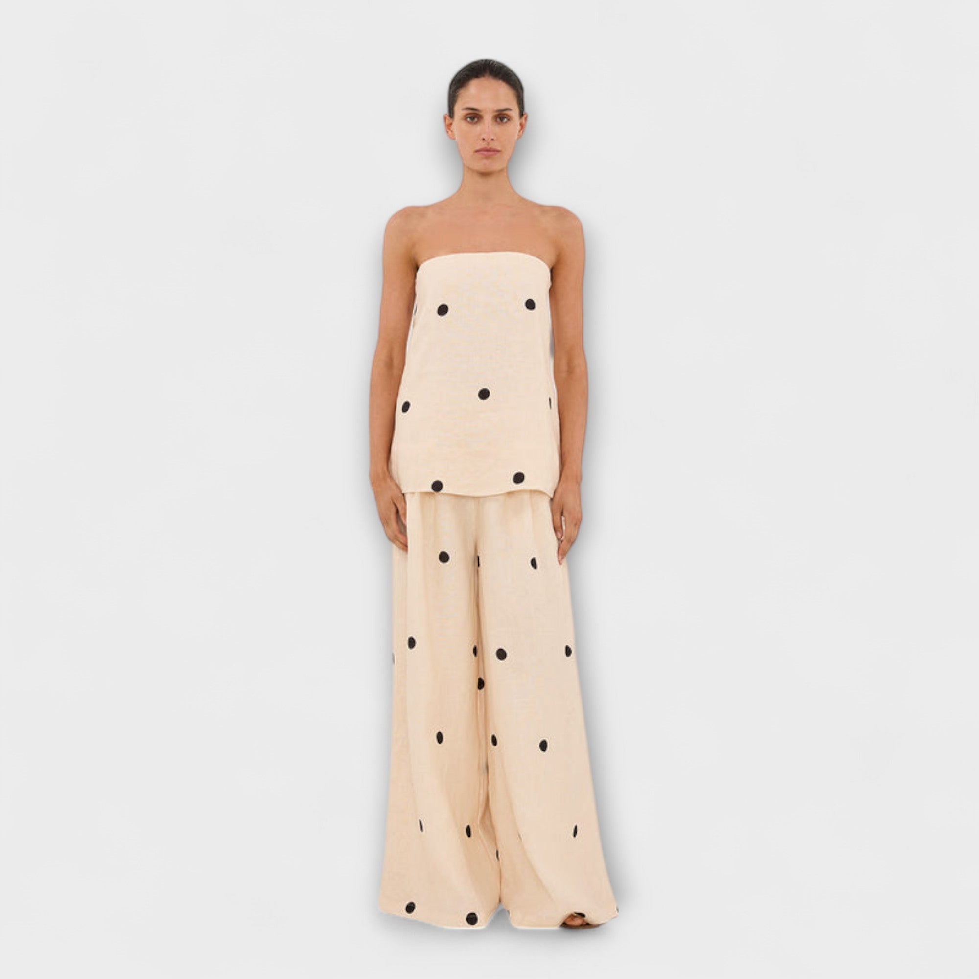 Women’s Cream Strapless Wide-Leg Jumpsuit, Polka Dot Pattern, Relaxed Fit, Elasticated Back, Pockets