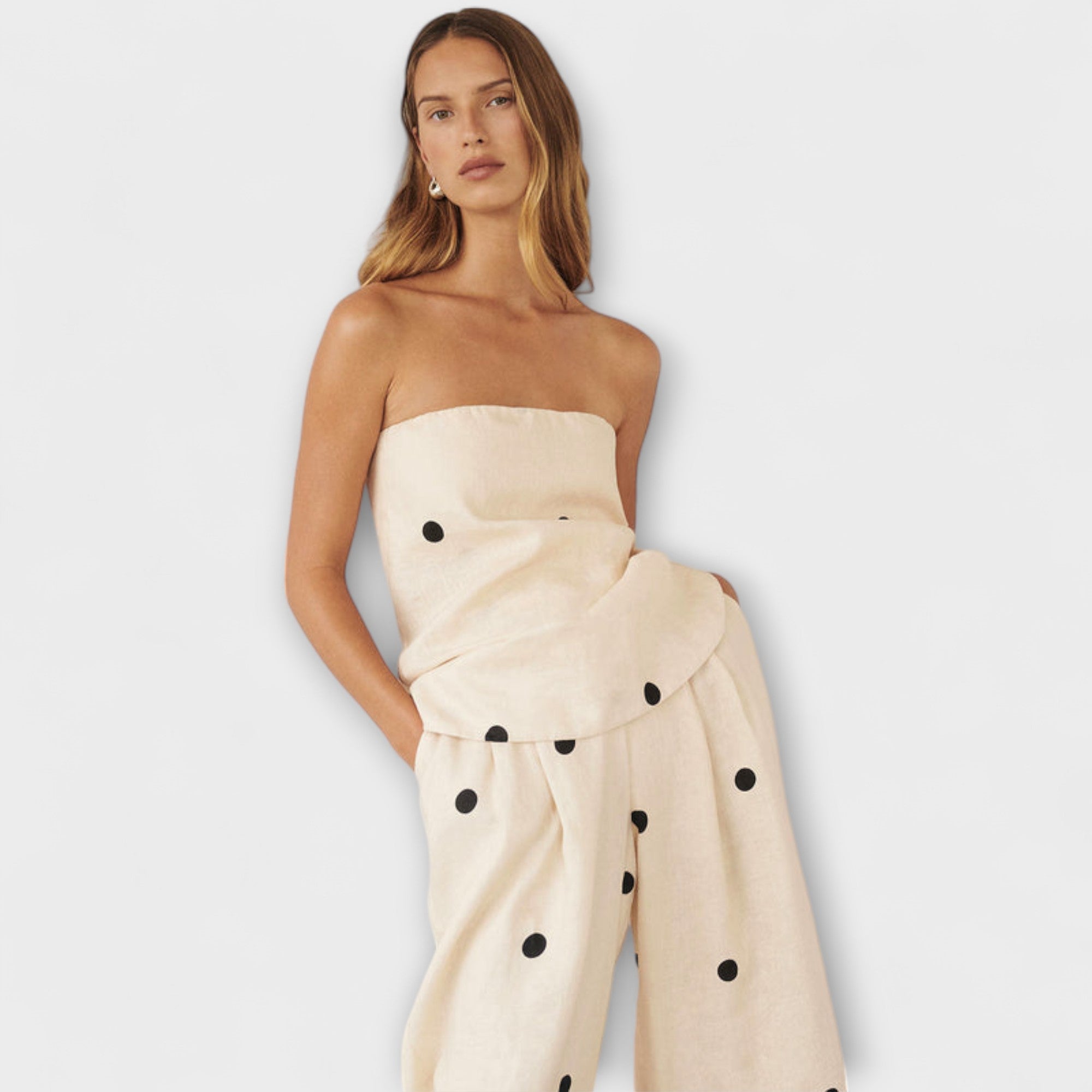 Women’s Cream Strapless Wide-Leg Jumpsuit, Polka Dot Pattern, Relaxed Fit, Elasticated Back, Pockets