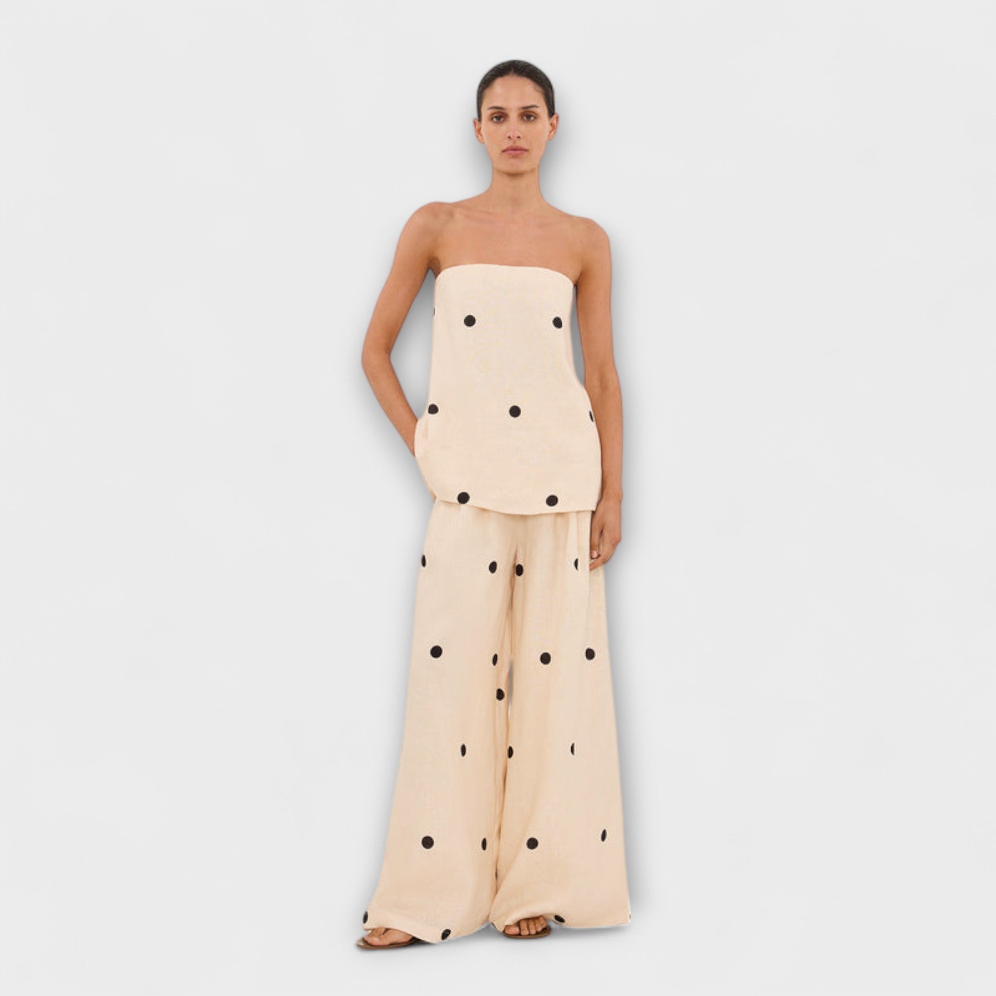 Women’s Cream Strapless Wide-Leg Jumpsuit, Polka Dot Pattern, Relaxed Fit, Elasticated Back, Pockets