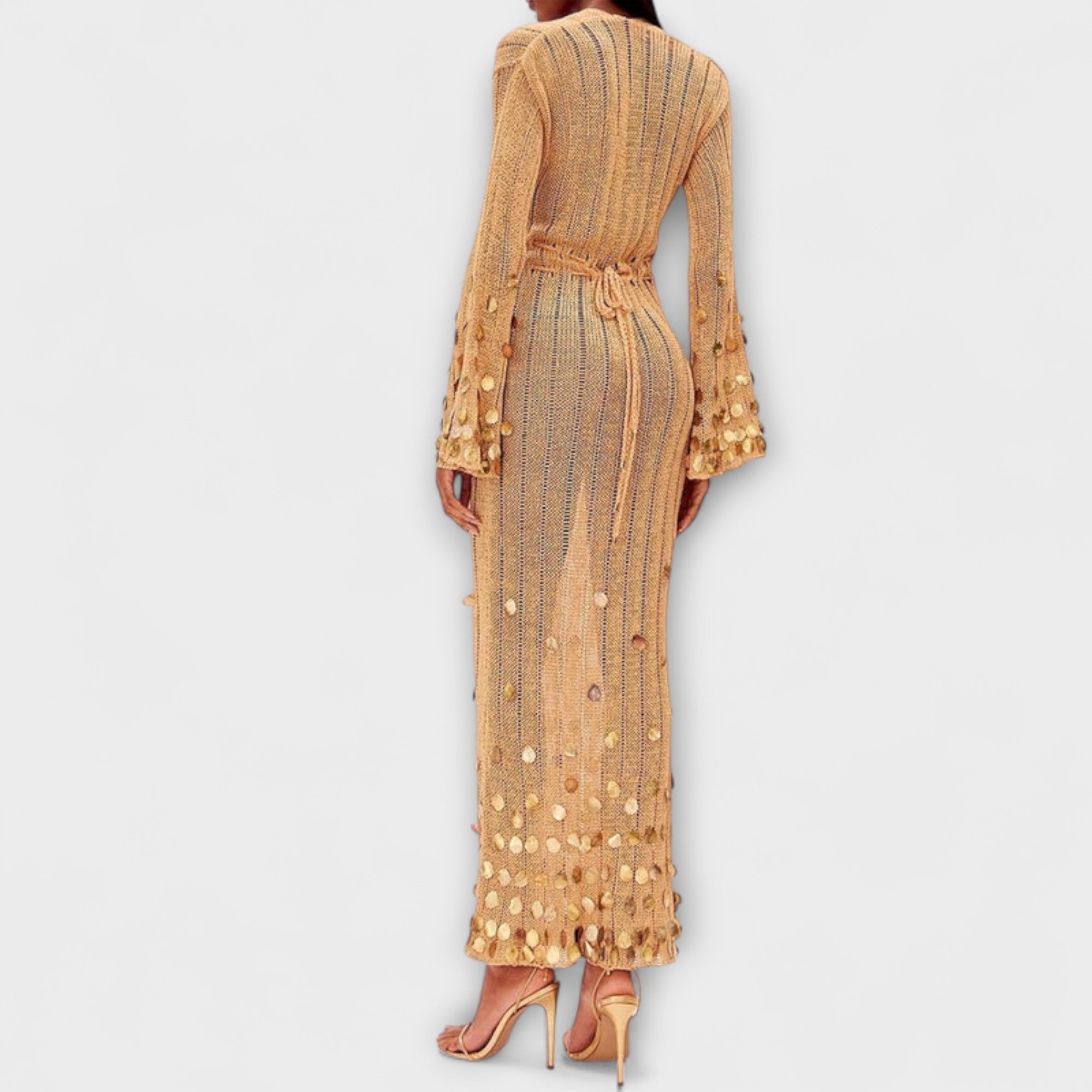 Women’s Crochet Dress, Golden, Bell Sleeves, Deep V-Neck, Regular Fit, Sequin Embellishments