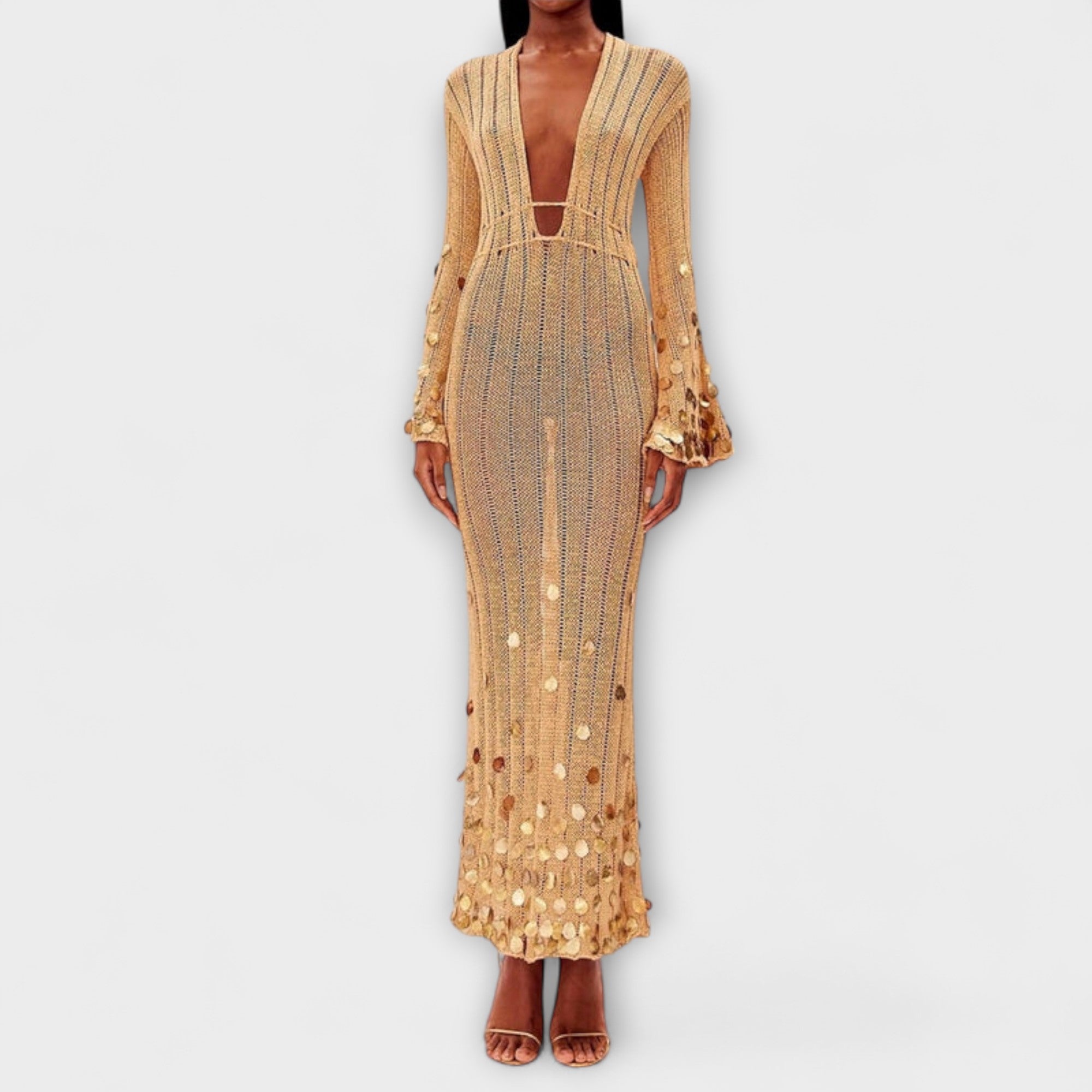Women’s Crochet Dress, Golden, Bell Sleeves, Deep V-Neck, Regular Fit, Sequin Embellishments