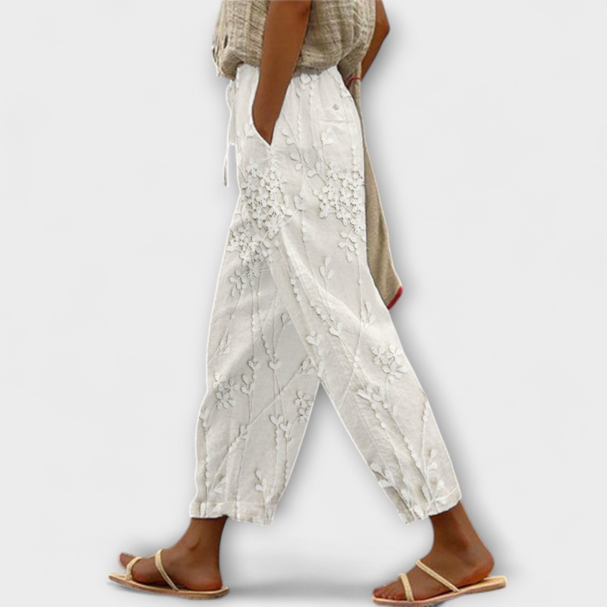 Women’s Cropped Dress, Lightweight, Sleeveless, Relaxed Tapered Fit, Organic Vine Leaf Motif, Elasticated Hem with Drawstring