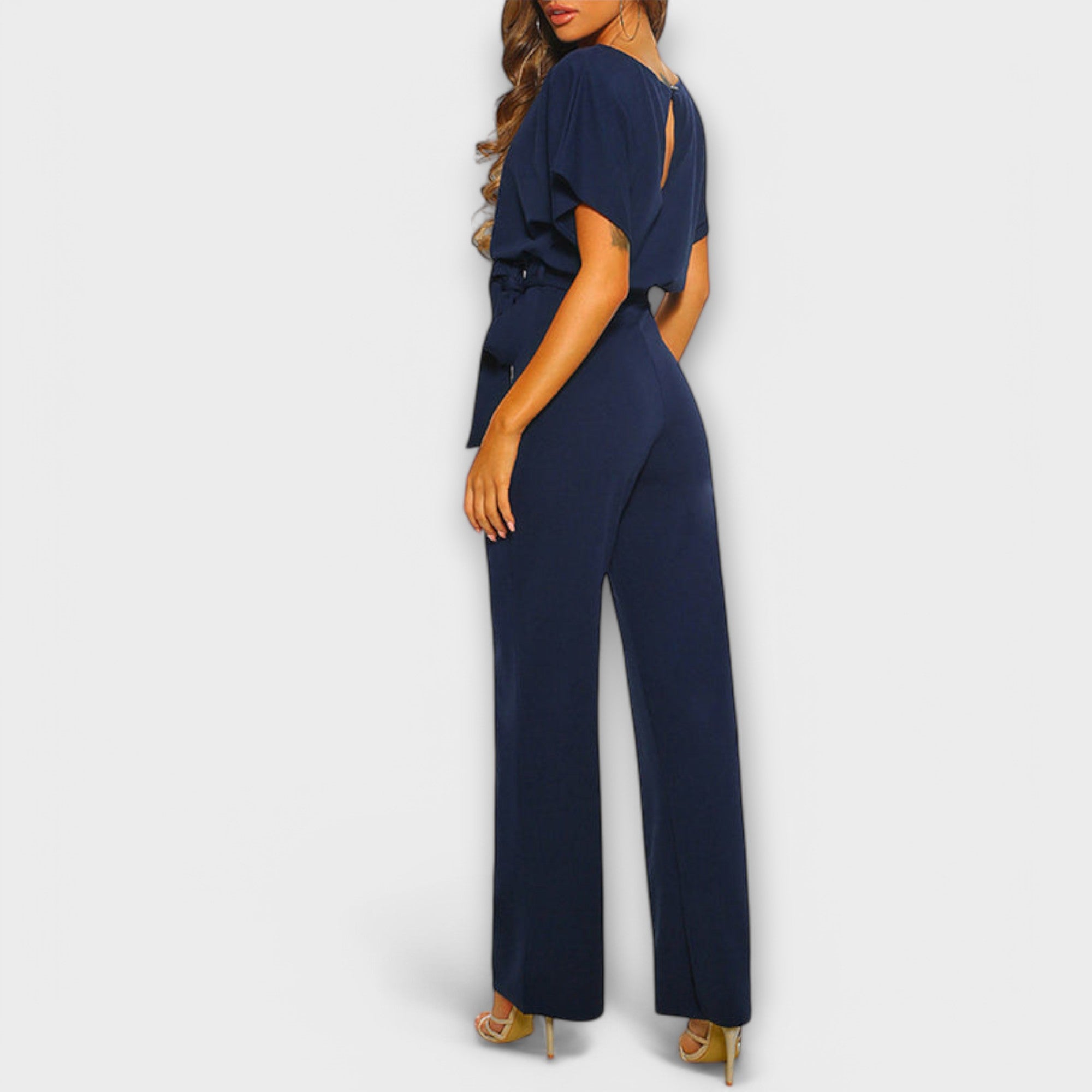 Women’s Dark Blue Sleeveless V-Neck Jumpsuit, Soft Breathable Fabric, Sophisticated Tailored Fit