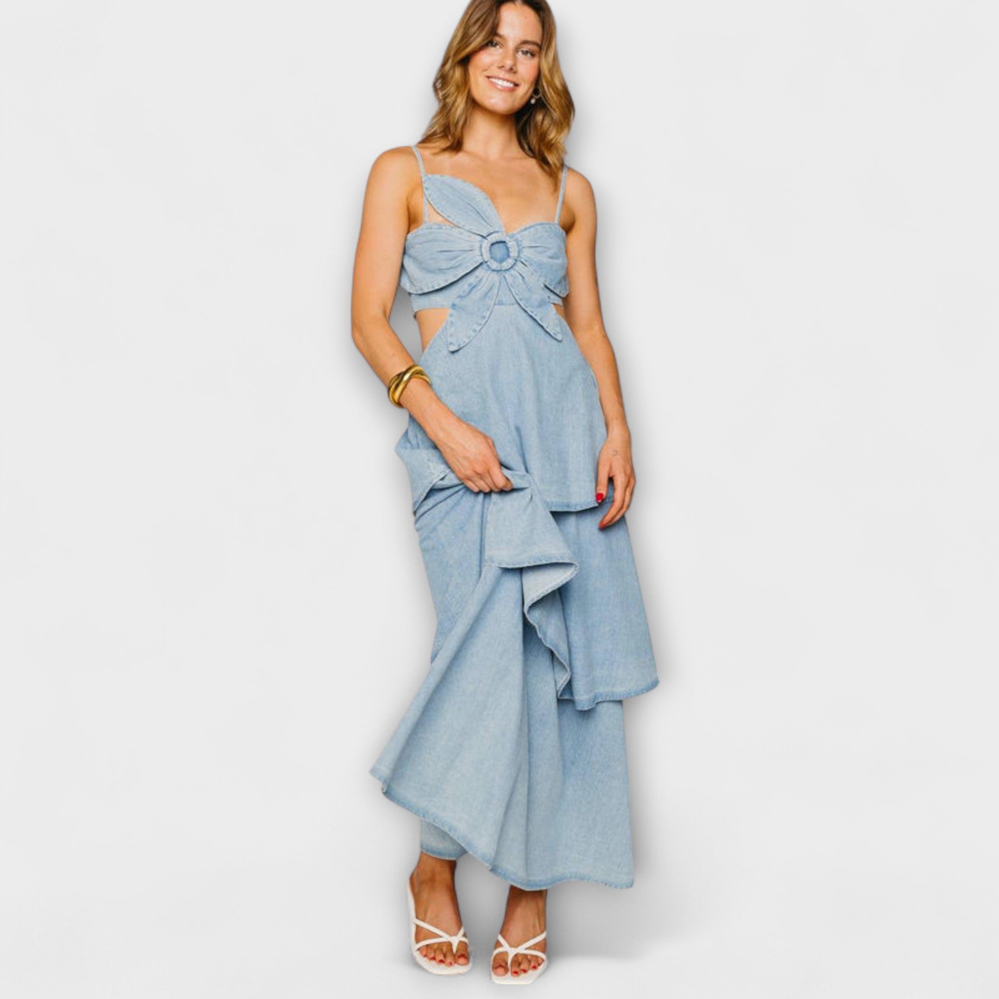 Women’s Denim Maxi Dress, Sleeveless, Fitted with Open Back, Adjustable Straps, Floral Pattern, Ruffled Skirt