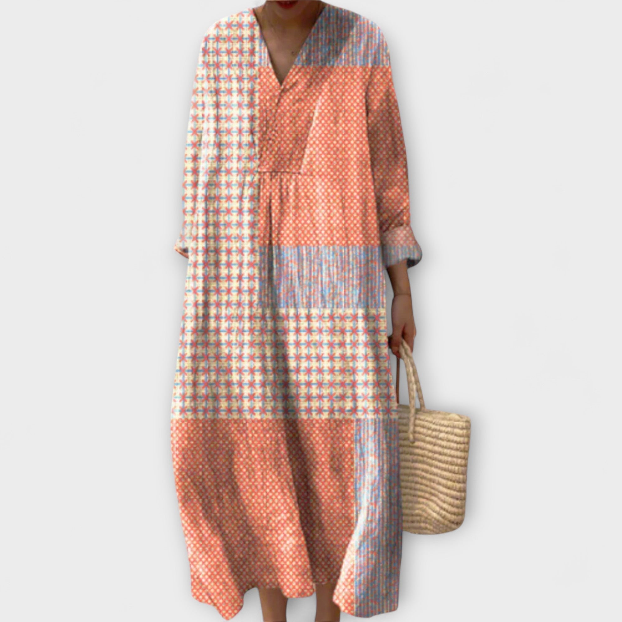 Women’s Dress, Geometric Pattern, Flowing Fit, Breathable Fabric, Subtle Neckline, Tasteful Slit