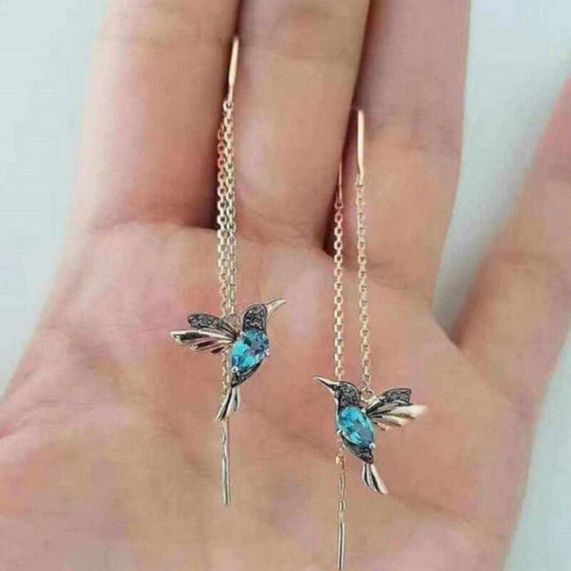 Women’s Drop Earrings, Lightweight 6 cm Hummingbird Enamel Filigree with Zircon, Metal Alloy