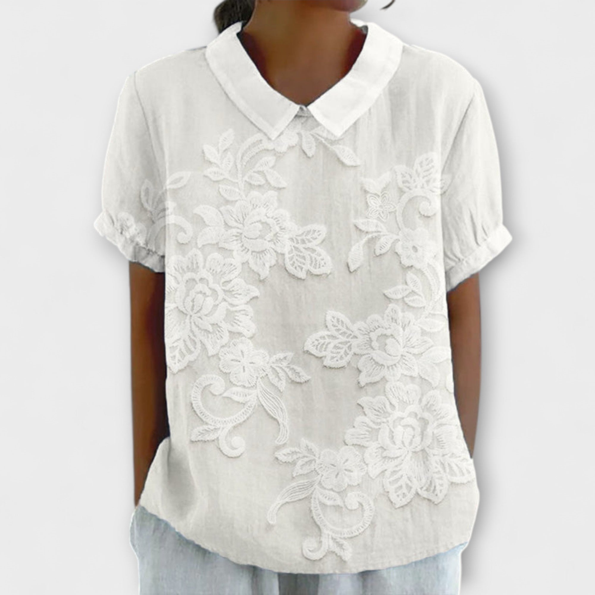 Women’s Embroidered Lightweight Shirt, Long Sleeve, Peter Pan Collar, Regular Fit, Breathable Fabric