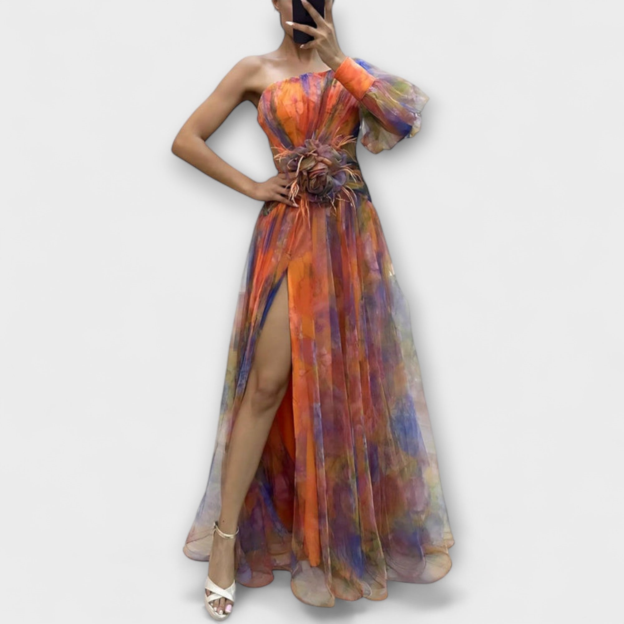 Women’s Evening Dress, Watercolour Pattern, Sleeveless, Asymmetrical Neckline, Fitted Waist with Floral Detail, Pleated Skirt with Slit