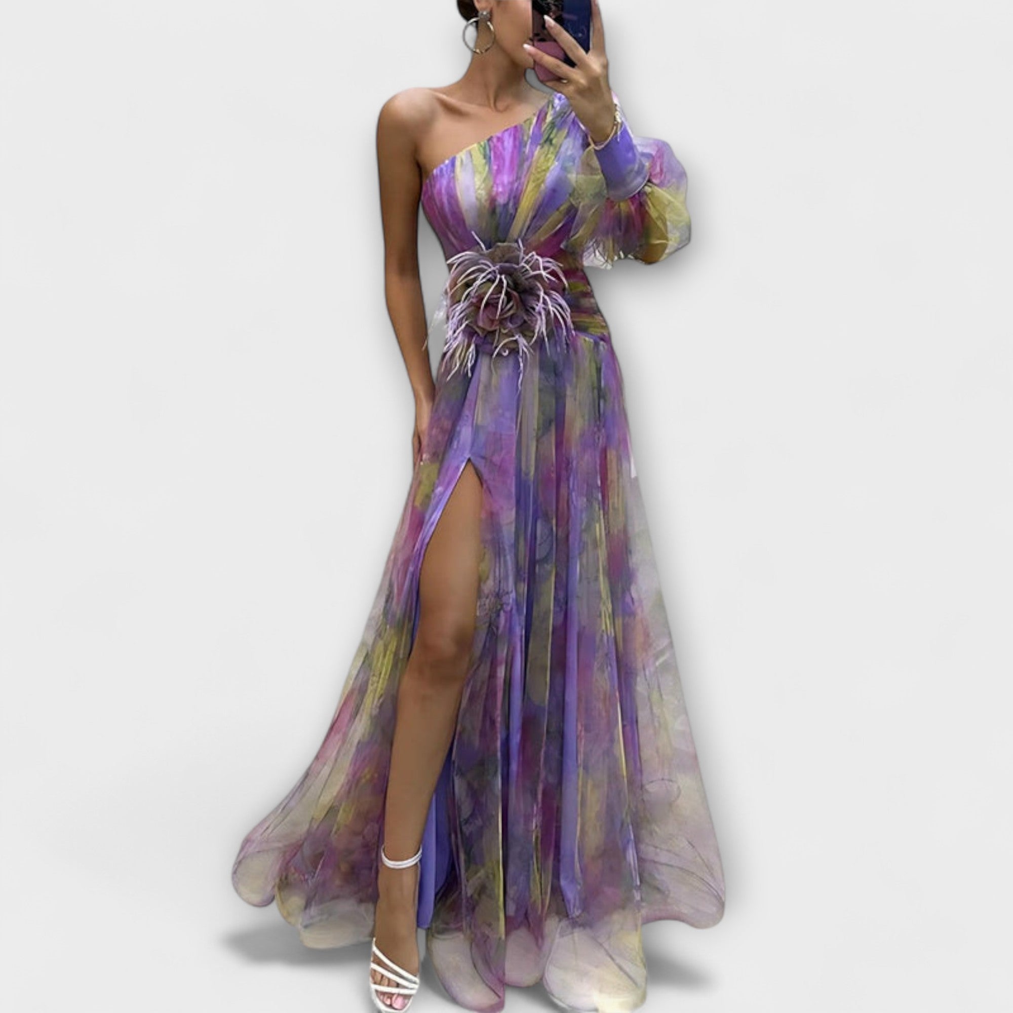 Women’s Evening Dress, Watercolour Pattern, Sleeveless, Asymmetrical Neckline, Fitted Waist with Floral Detail, Pleated Skirt with Slit