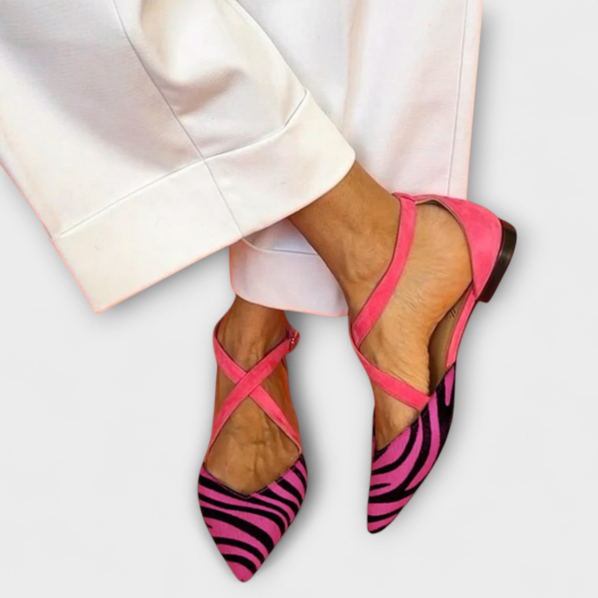 Women’s Flats, Fuchsia Zebra Print, Criss-Cross Straps, Cushioned Insoles