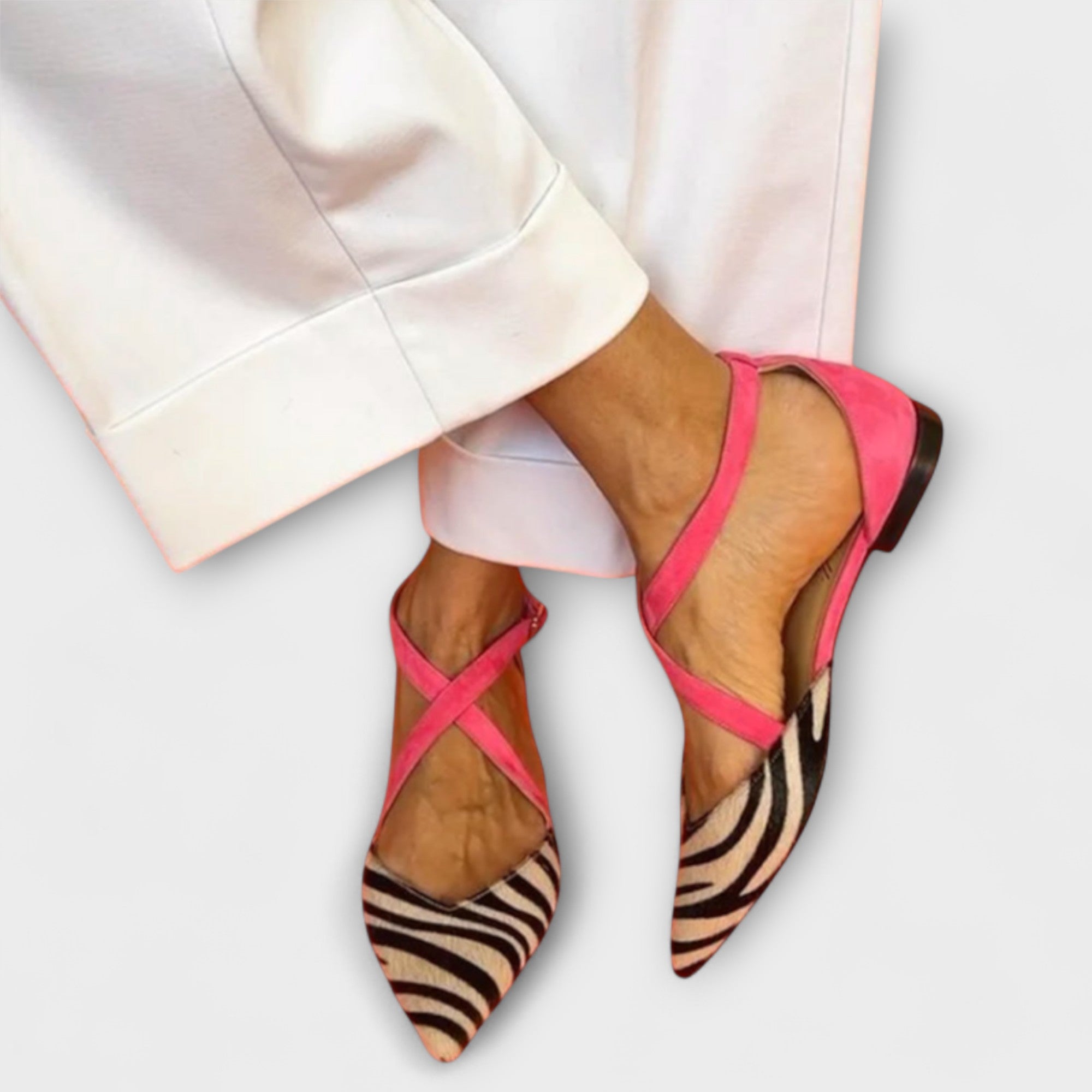 Women’s Flats, Fuchsia Zebra Print, Criss-Cross Straps, Cushioned Insoles