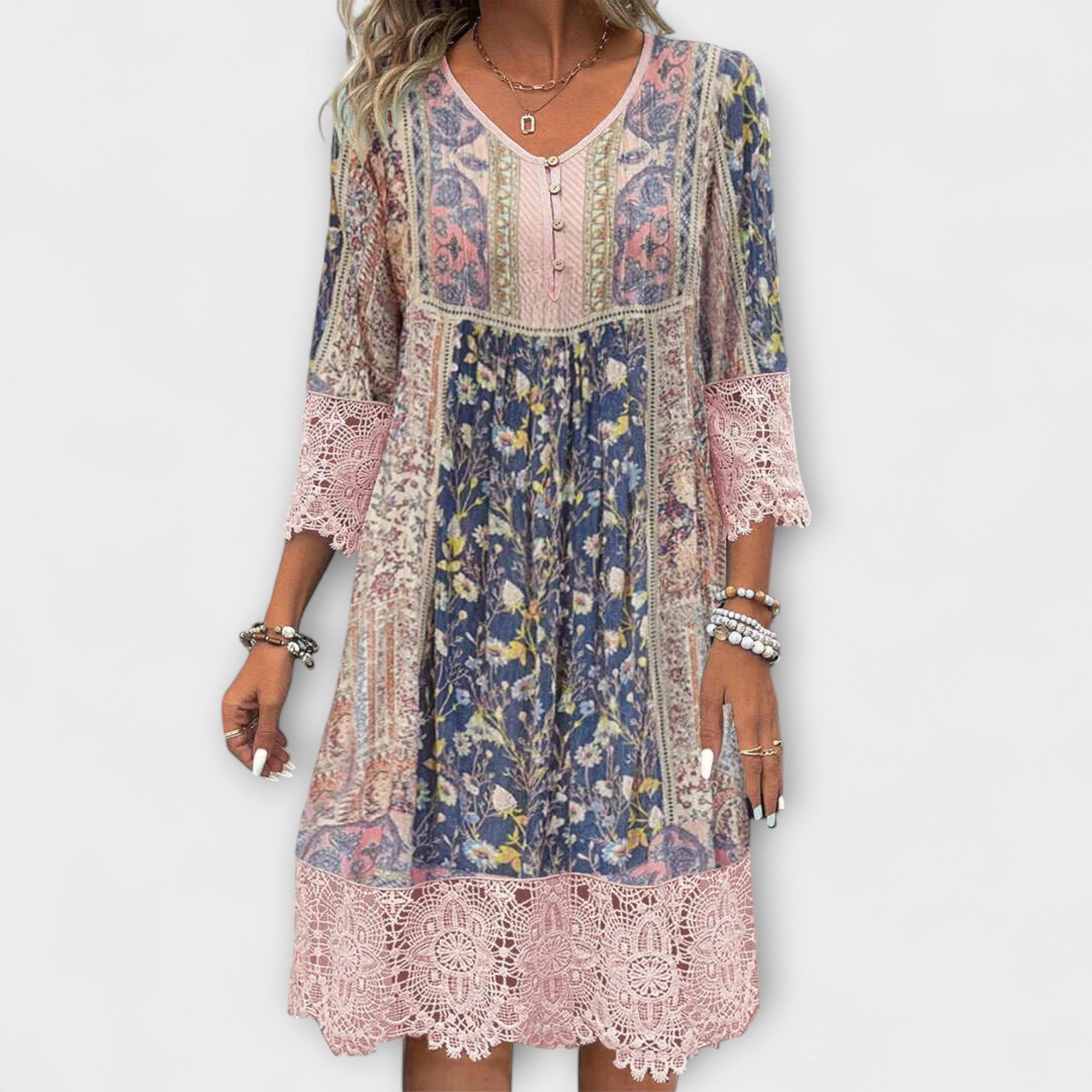 Women’s Floral Dress, V-Neckline, Lace Sleeve Accents, Relaxed Fit, Lightweight