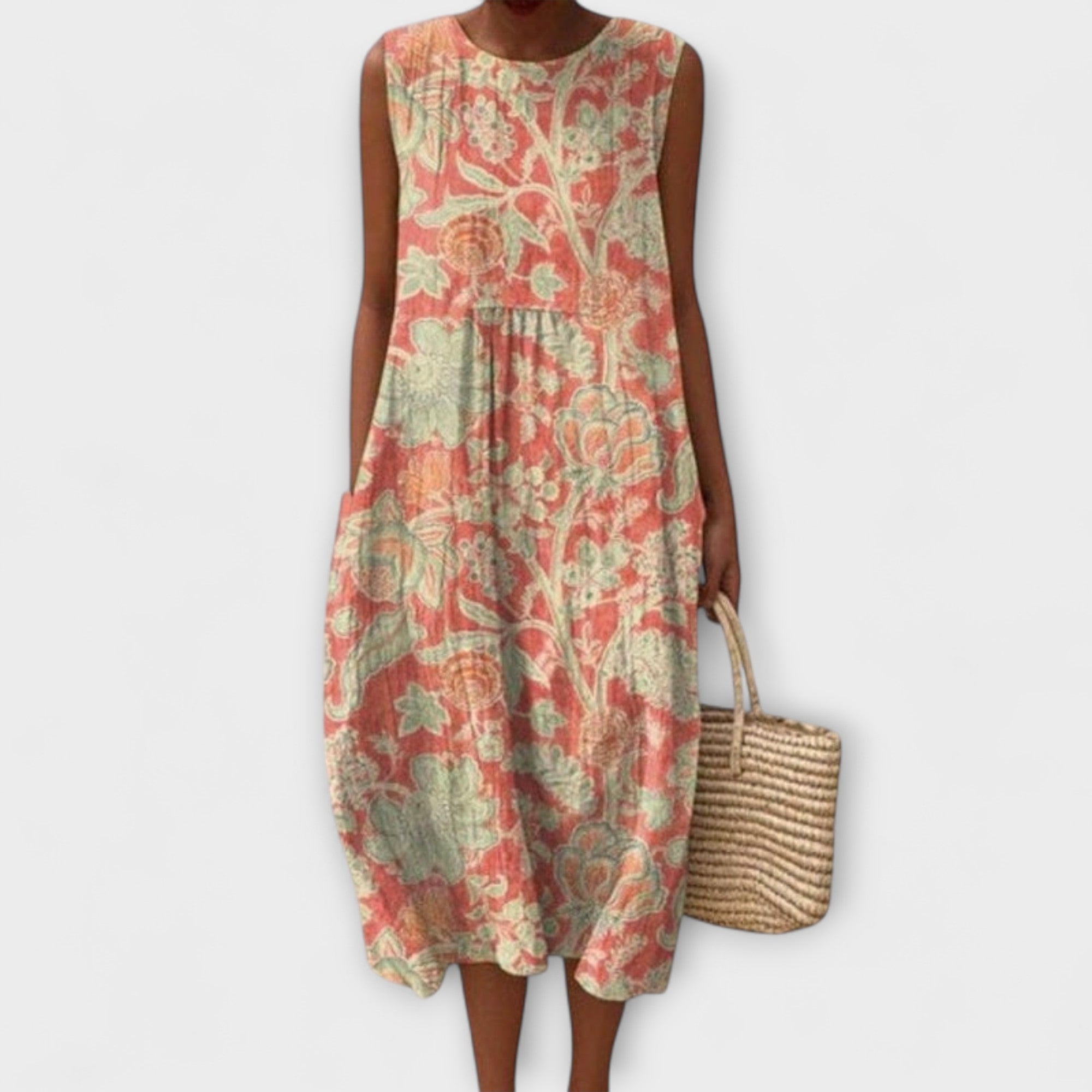 Women’s Floral Midi Dress, Sleeveless, Scoop Neck, A-Line Fit, Lightweight Fabric, Side Pockets