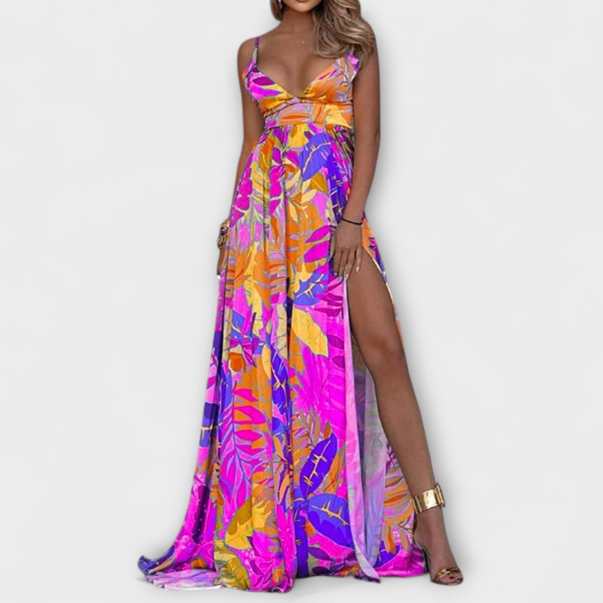 Women’s Floral Midi Dress, Sleeveless, Square Neckline, Structured Fit, Fully Lined, Semi-Open Back with Double Ties and Pearl Accents