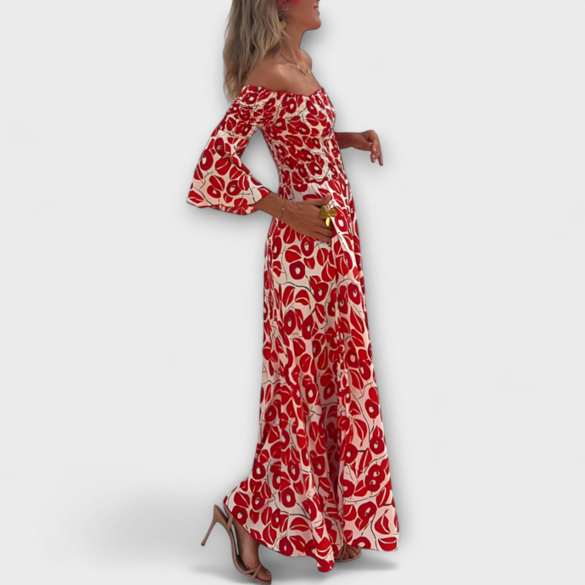 Women’s Floral Off-Shoulder Sleeveless Dress, Flowing Fit, Recycled Fabric