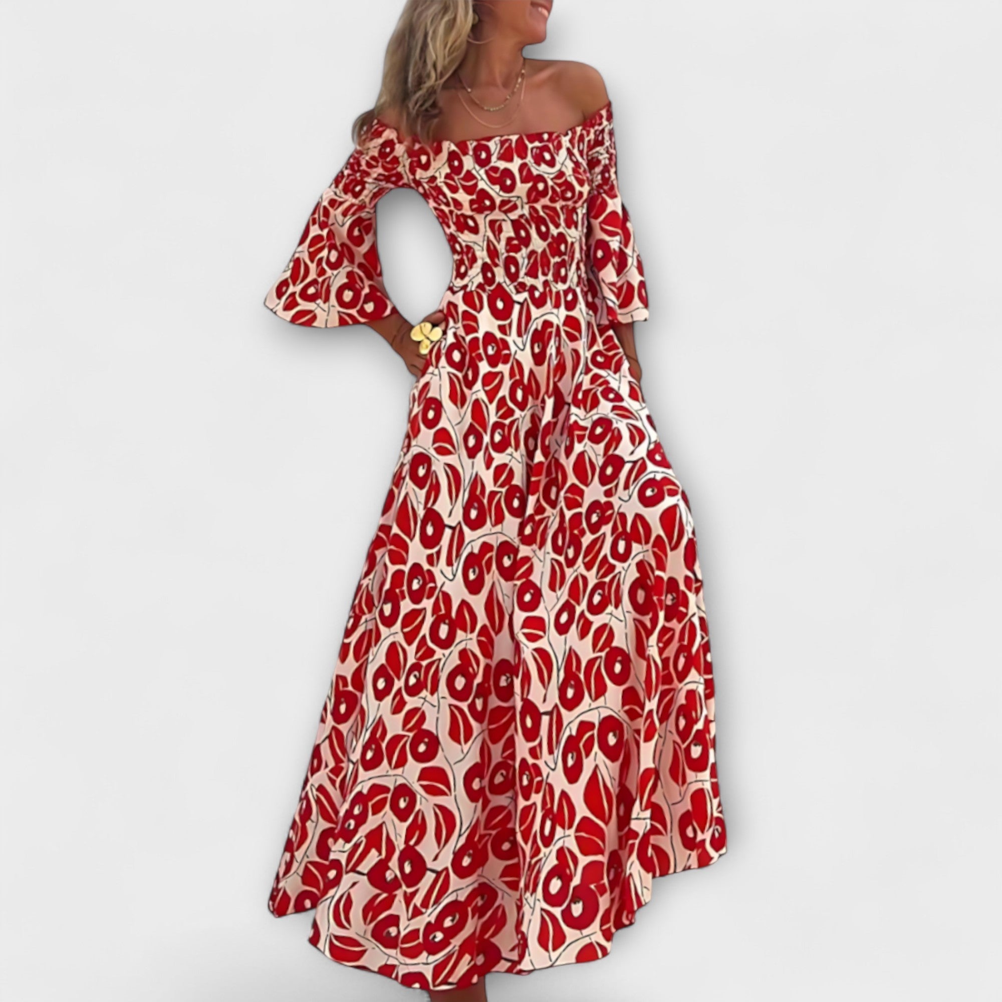 Women’s Floral Off-Shoulder Sleeveless Dress, Flowing Fit, Recycled Fabric