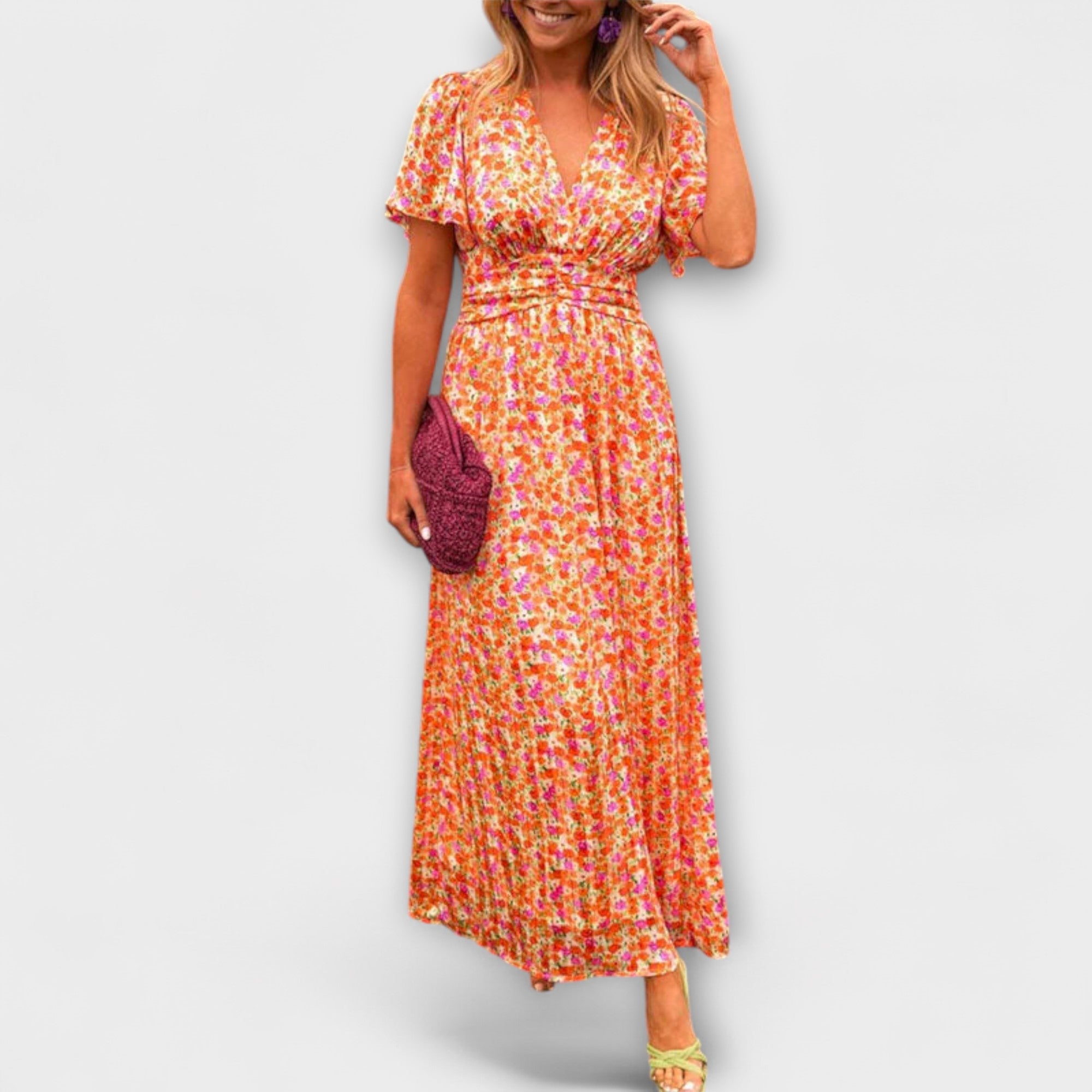 Women’s Floral Short Dress, V-Neck, Short Sleeve, Regular Fit, Breathable Fabric