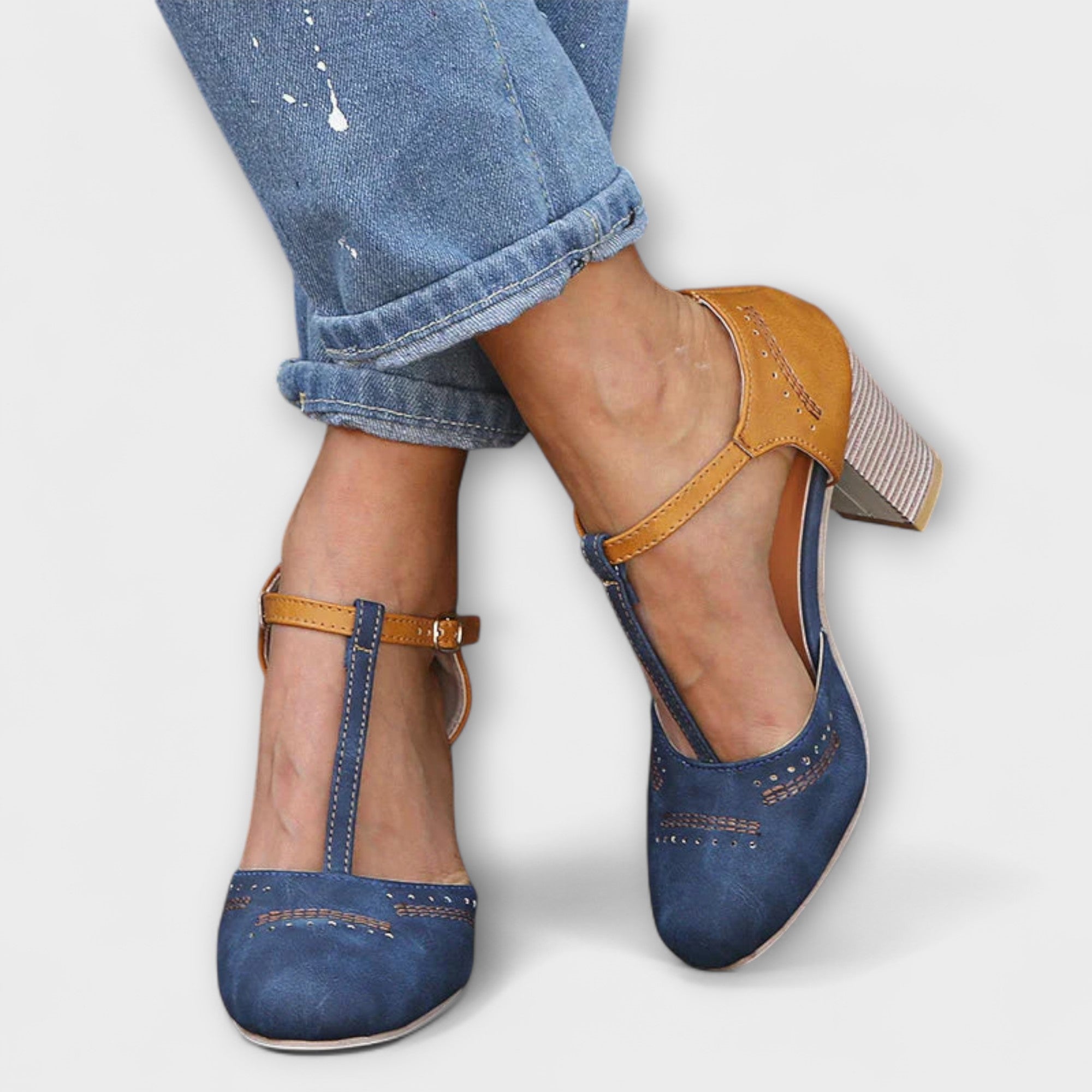 Women’s Genuine Leather Heels , Mid Heel, Memory Foam Insole, Adjustable Ankle Strap, Rubber Outsole