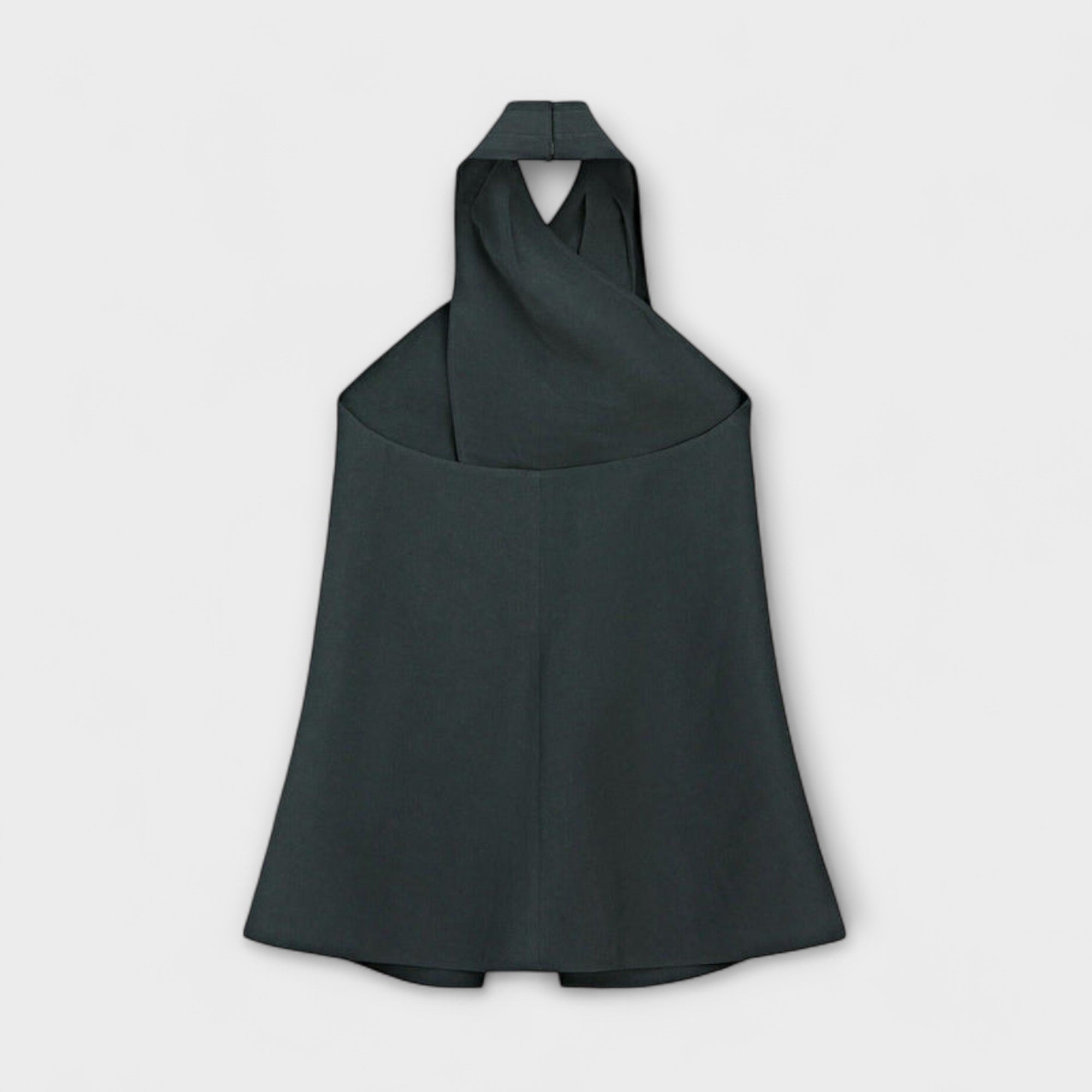 Women’s Halter Neck Top, Cerulean Blue, Sleeveless, Relaxed Fit, Viscose Linen Blend, Crossed Front Buttons, Ribbon Back Closure