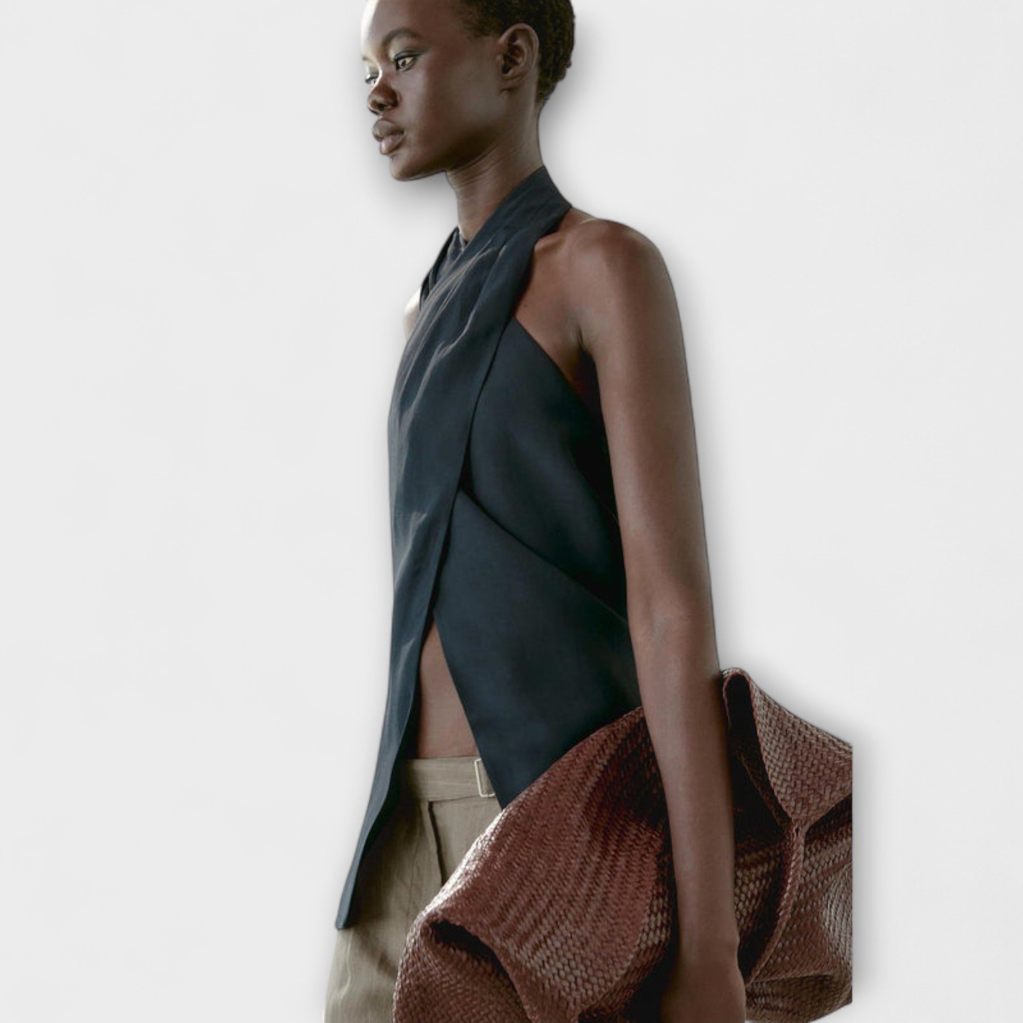 Women’s Halter Top, Viscose Linen Blend, Crossover Front, Adjustable Ribbon Back