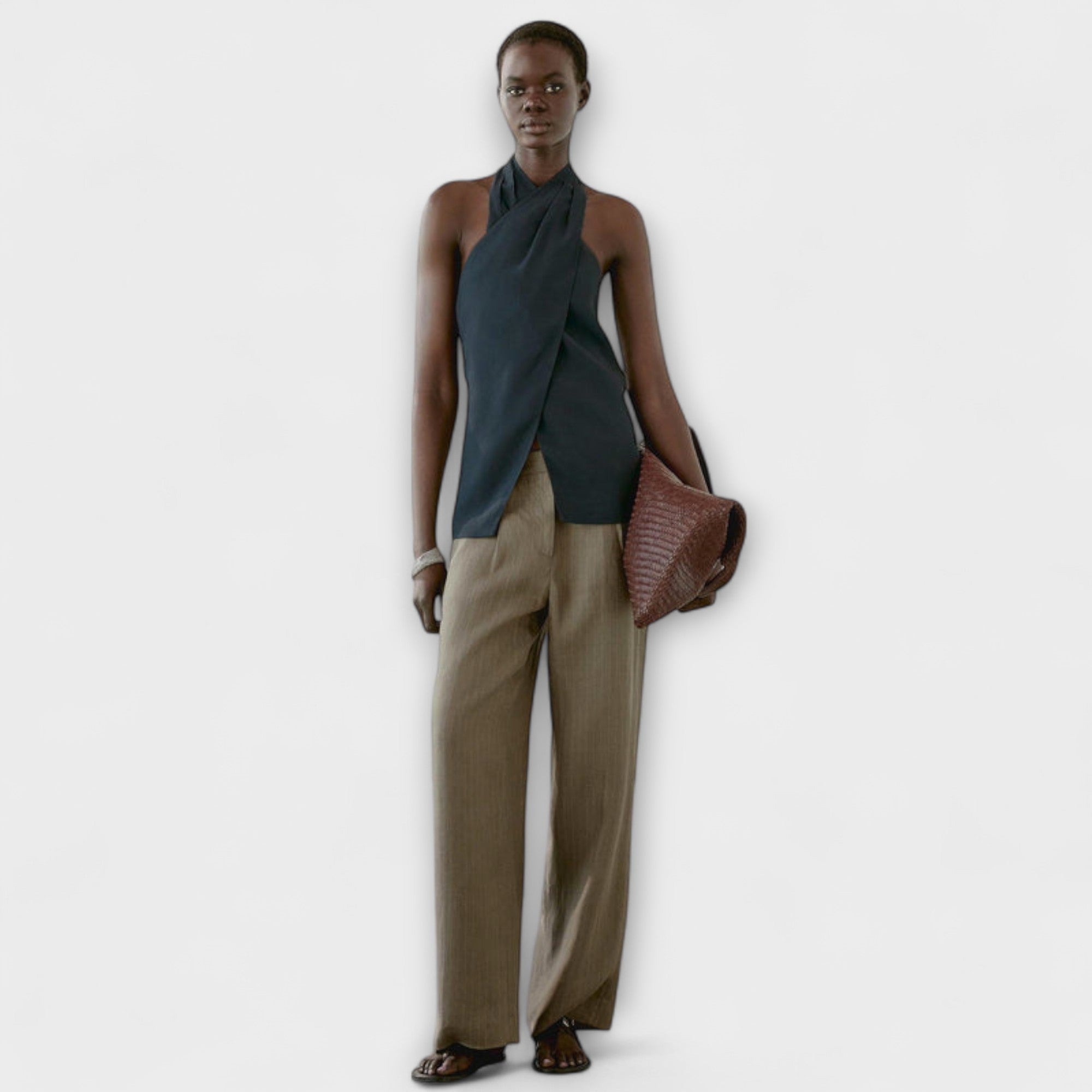 Women’s Halter Top, Viscose Linen Blend, Crossover Front, Adjustable Ribbon Back