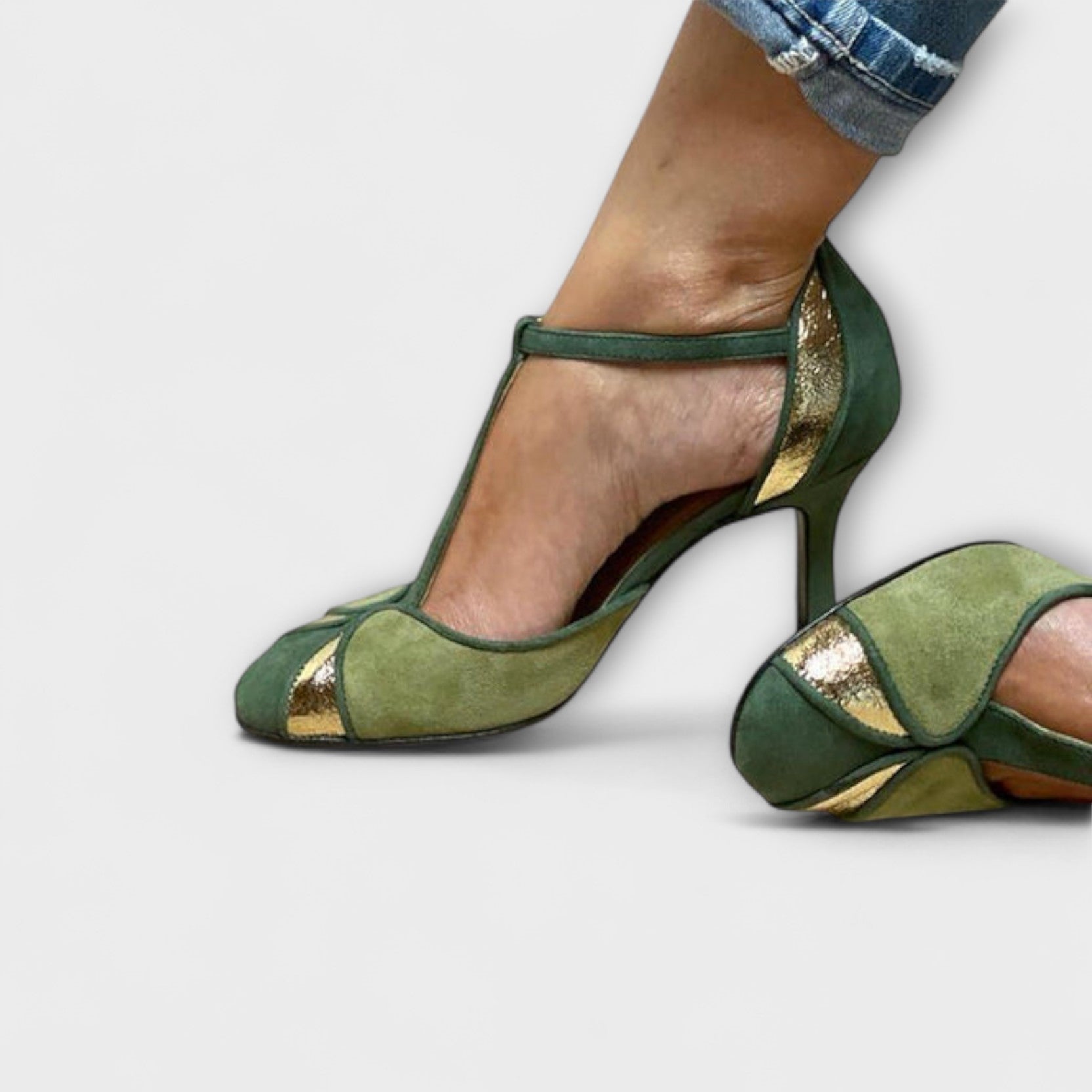 Women’s Heels, Green, Patchwork Design, Comfortable Support, Versatile Style