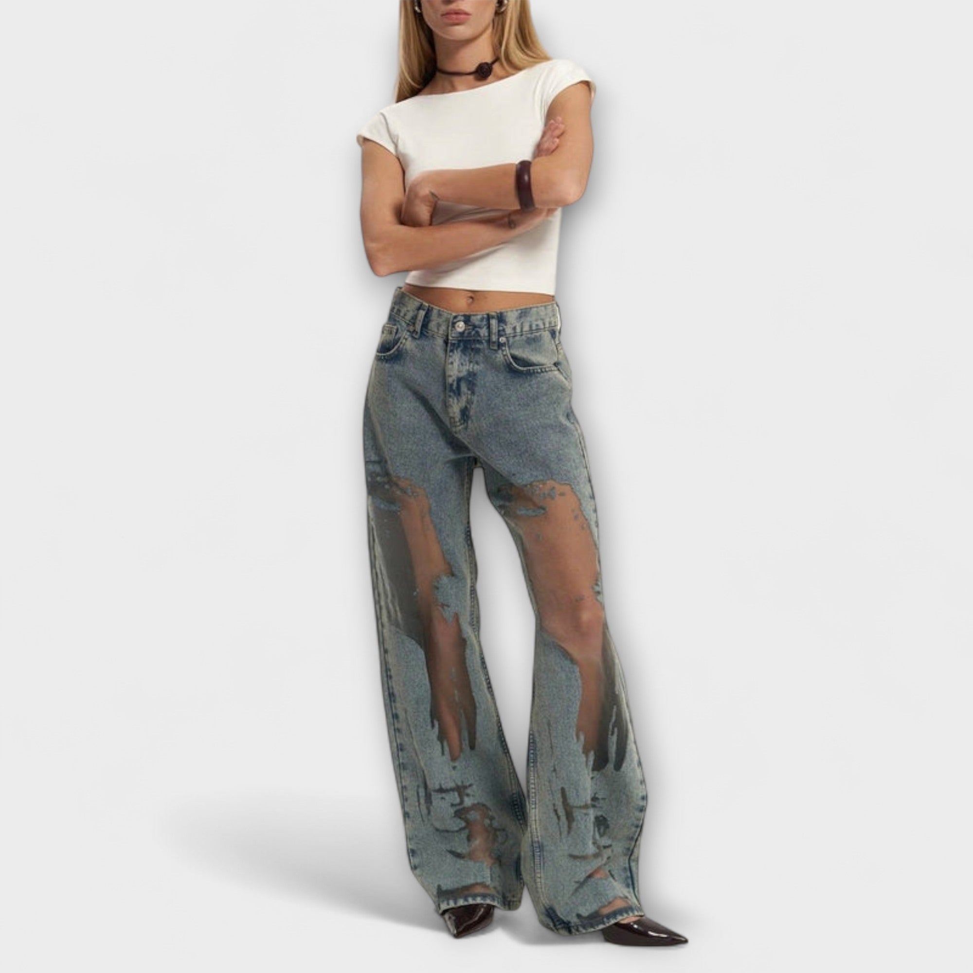 Women’s High-Waisted Cotton Denim Jeans, Regular Fit, Mesh Detail